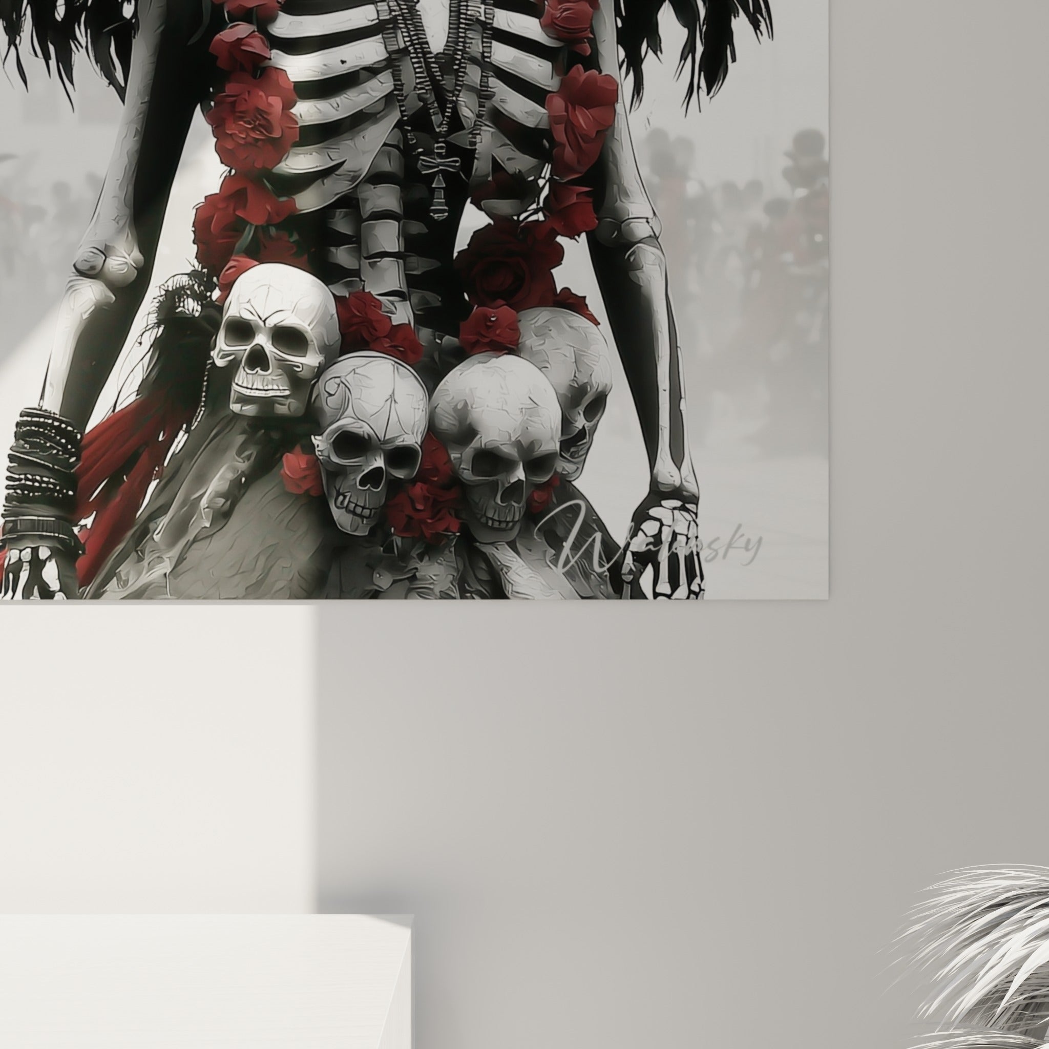 Empâtements noirs et rouges sur crânes peints du Dia de los Muertos, grain photographique et plumes texturées visibles