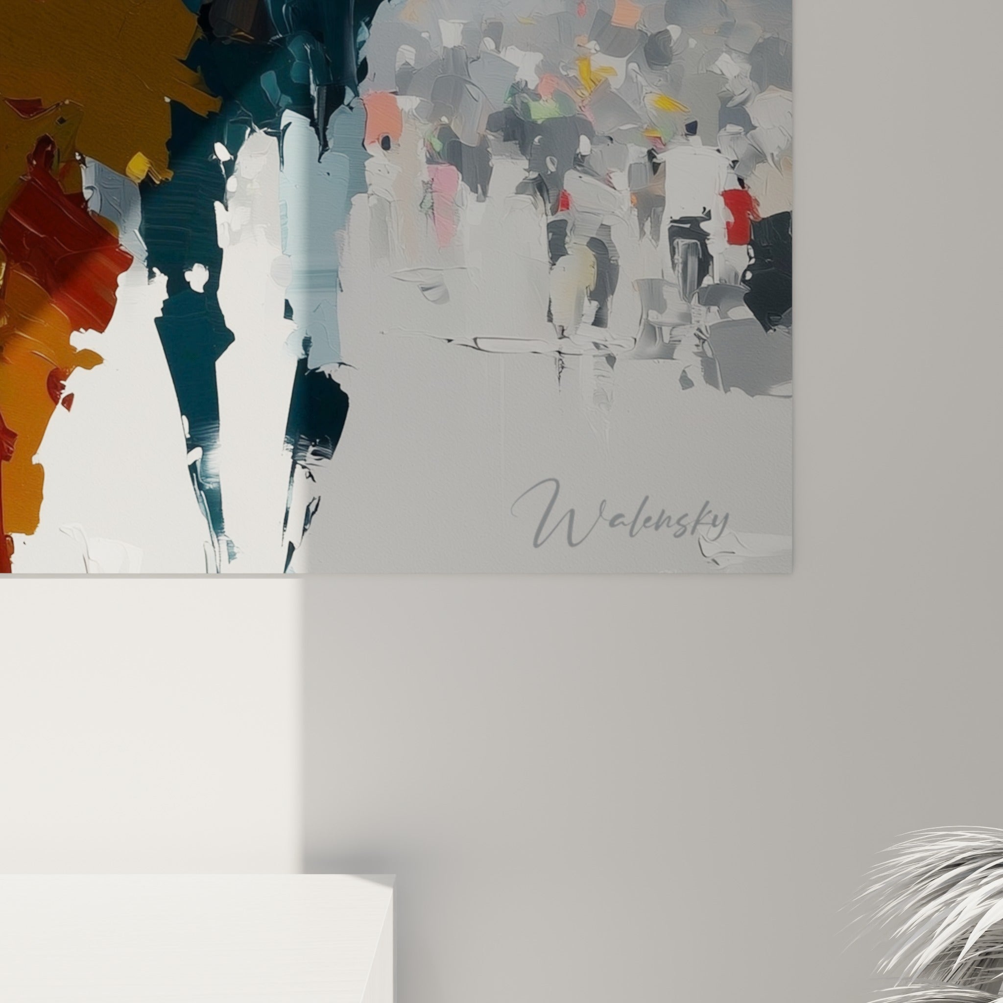Empâtements de peinture jaune moutarde et bleu ardoise visibles de près sur ce tableau Dia de los Muertos