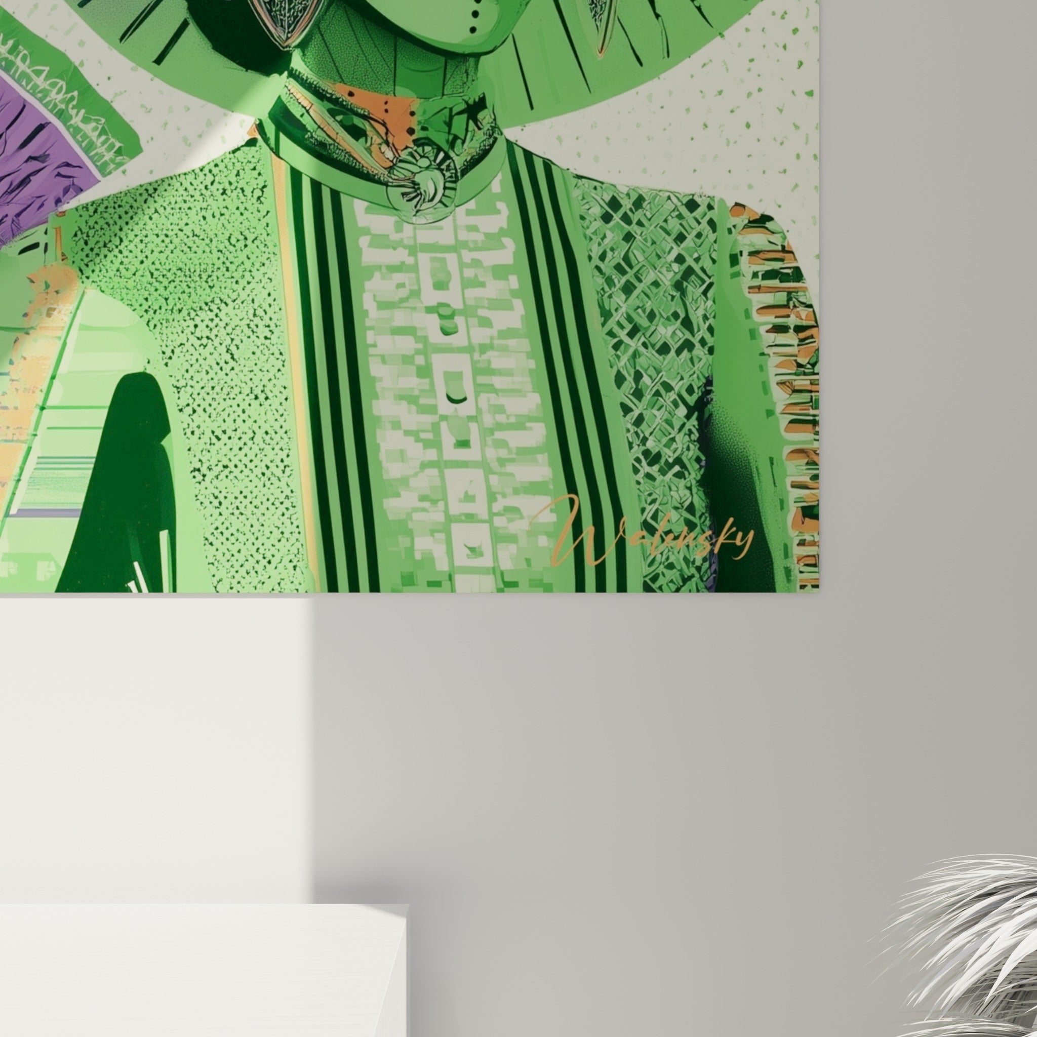 Grain de l'impression révélant les nuances de vert profond et violet des motifs ornementaux peints