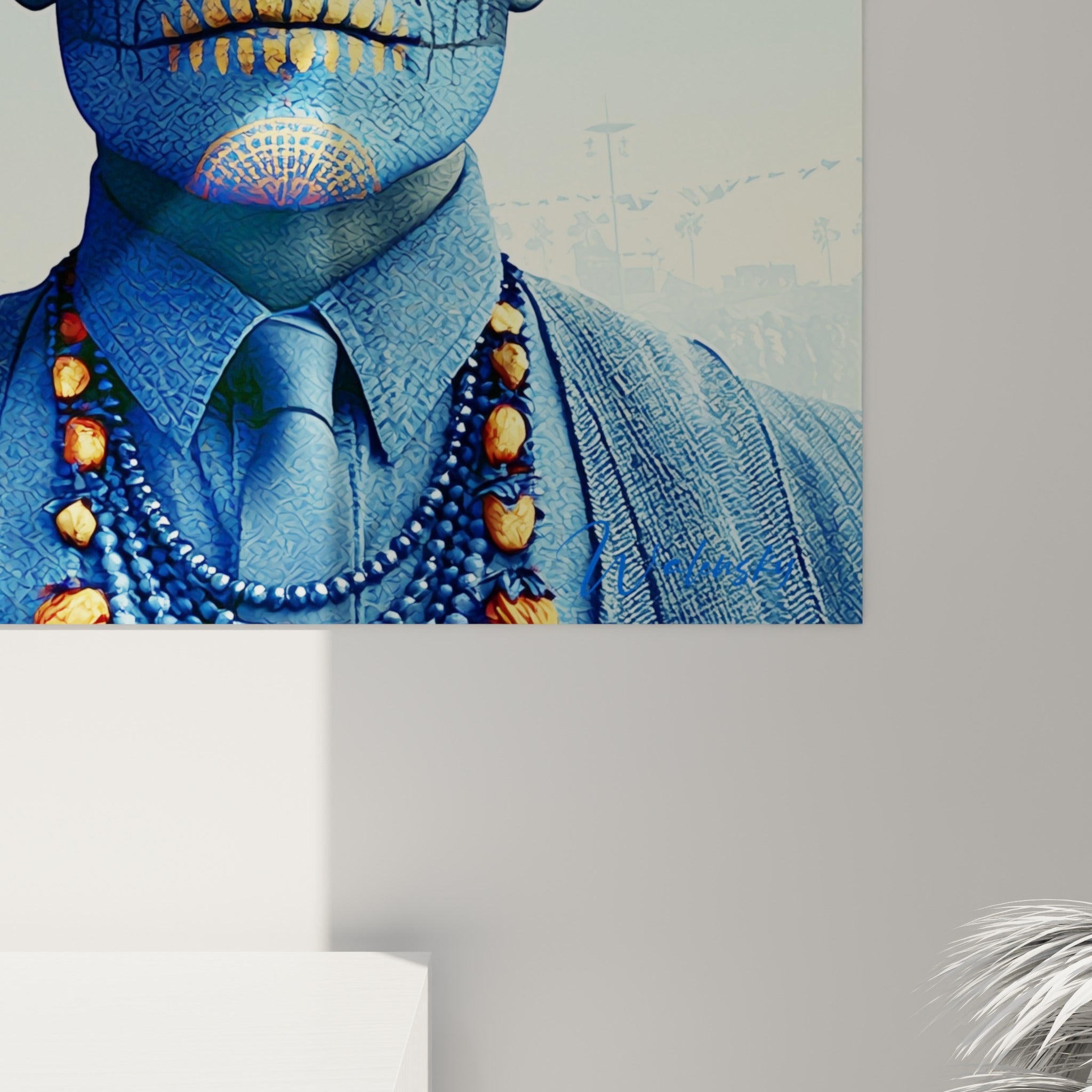 Détail du grain de l'œuvre Dia de los Muertos, textures bleu marine et touches dorées sur le visage peint