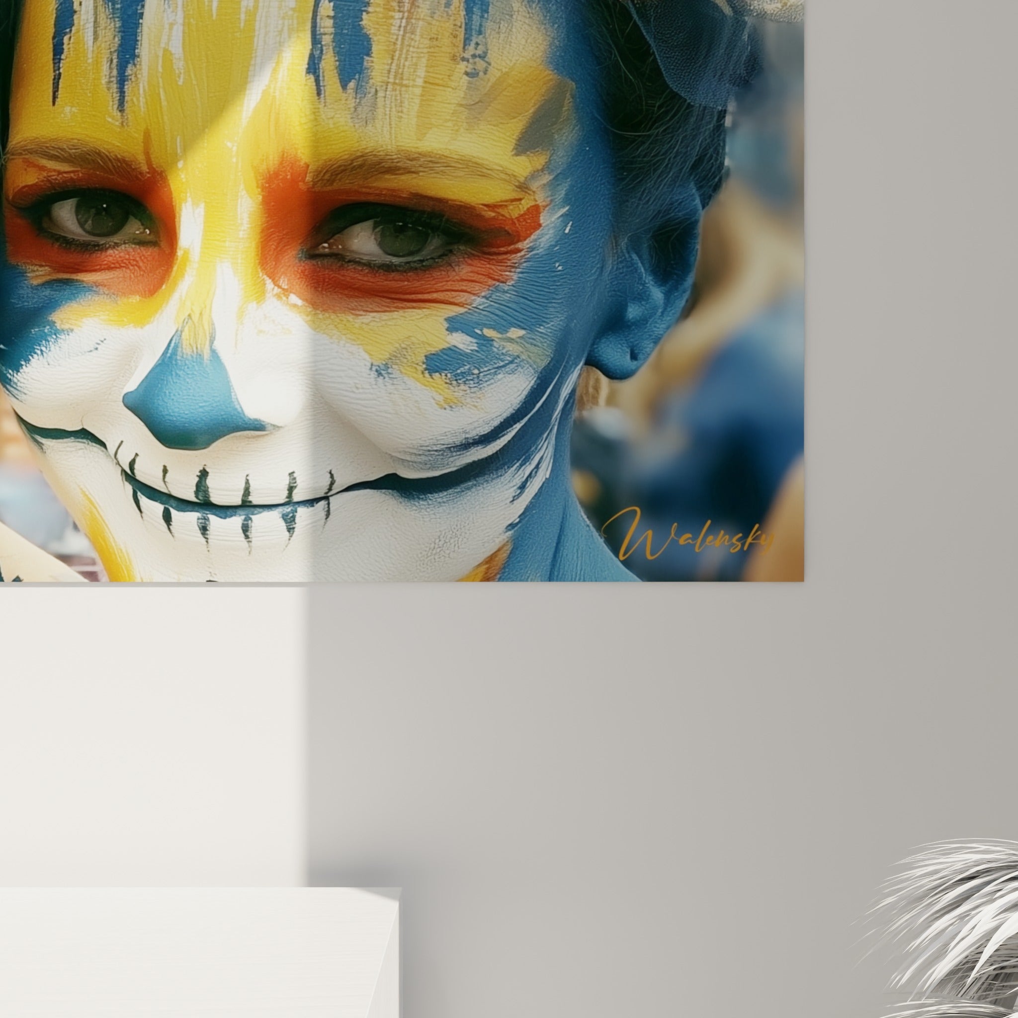 Empâtements colorés du tableau Dia de los Muertos, coulures jaunes et bleu marine se mêlant sur la toile