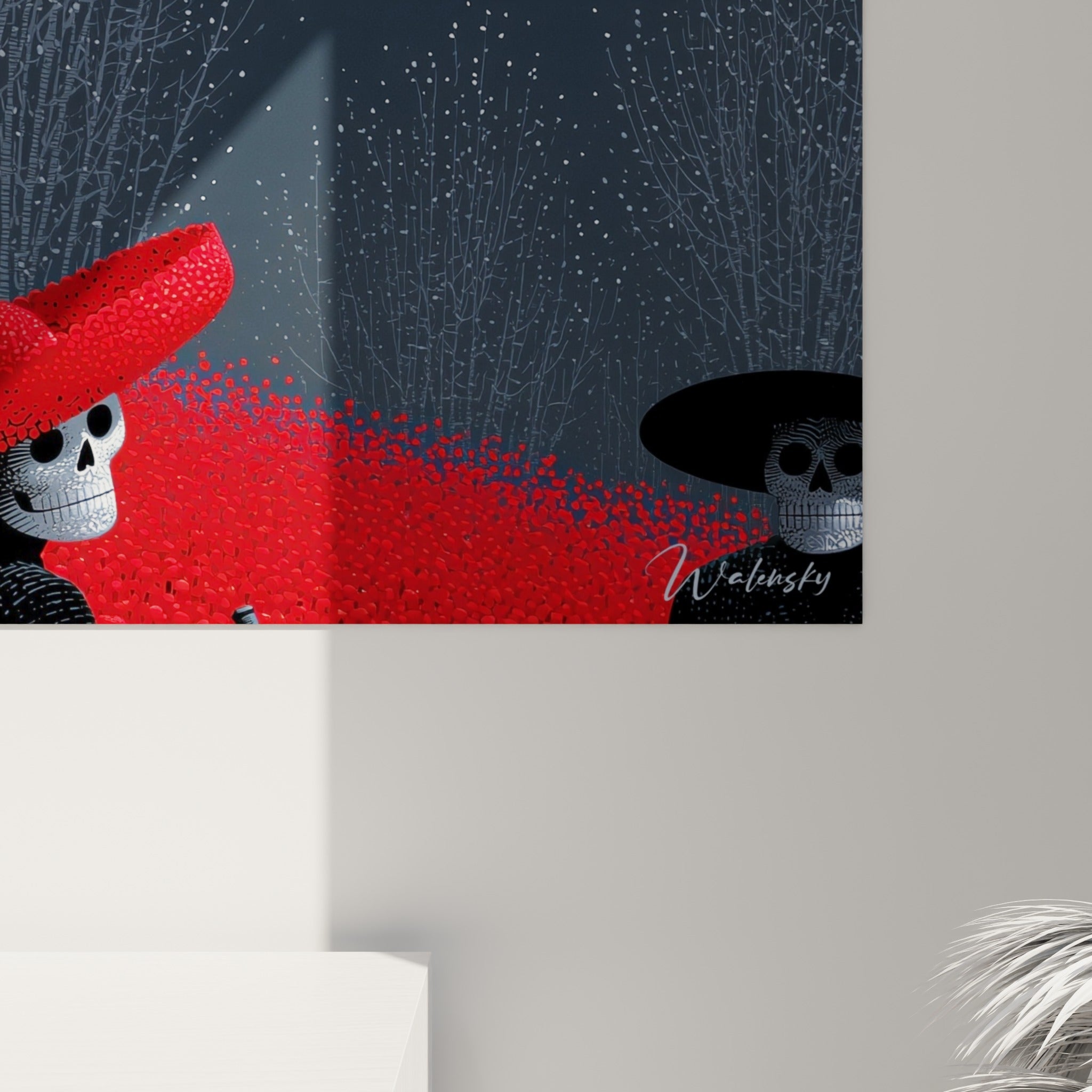 Grain pointillé rouge et noir révèle la texture dense du sombrero et des visages osseux