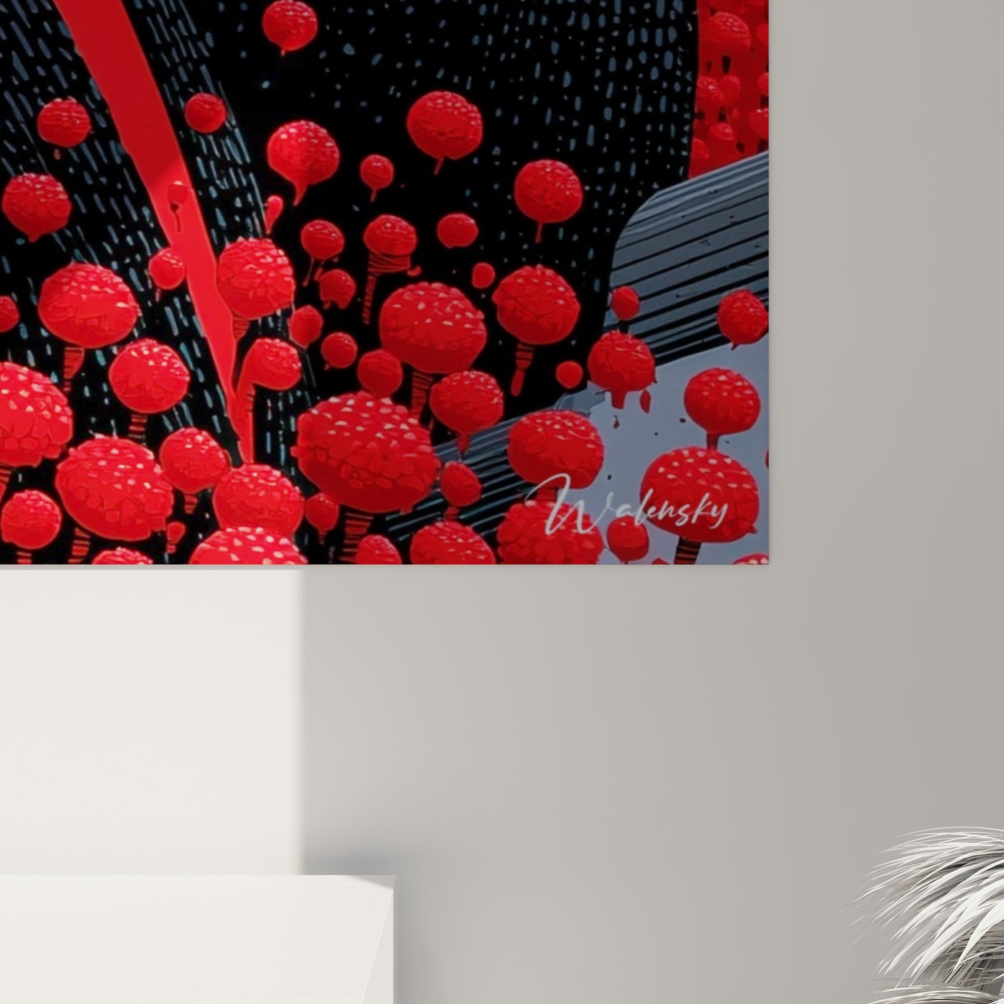 Grain fin des pointillés gris sur les crânes, coulures rouges des fleurs et brillance de l'impression rapprochée