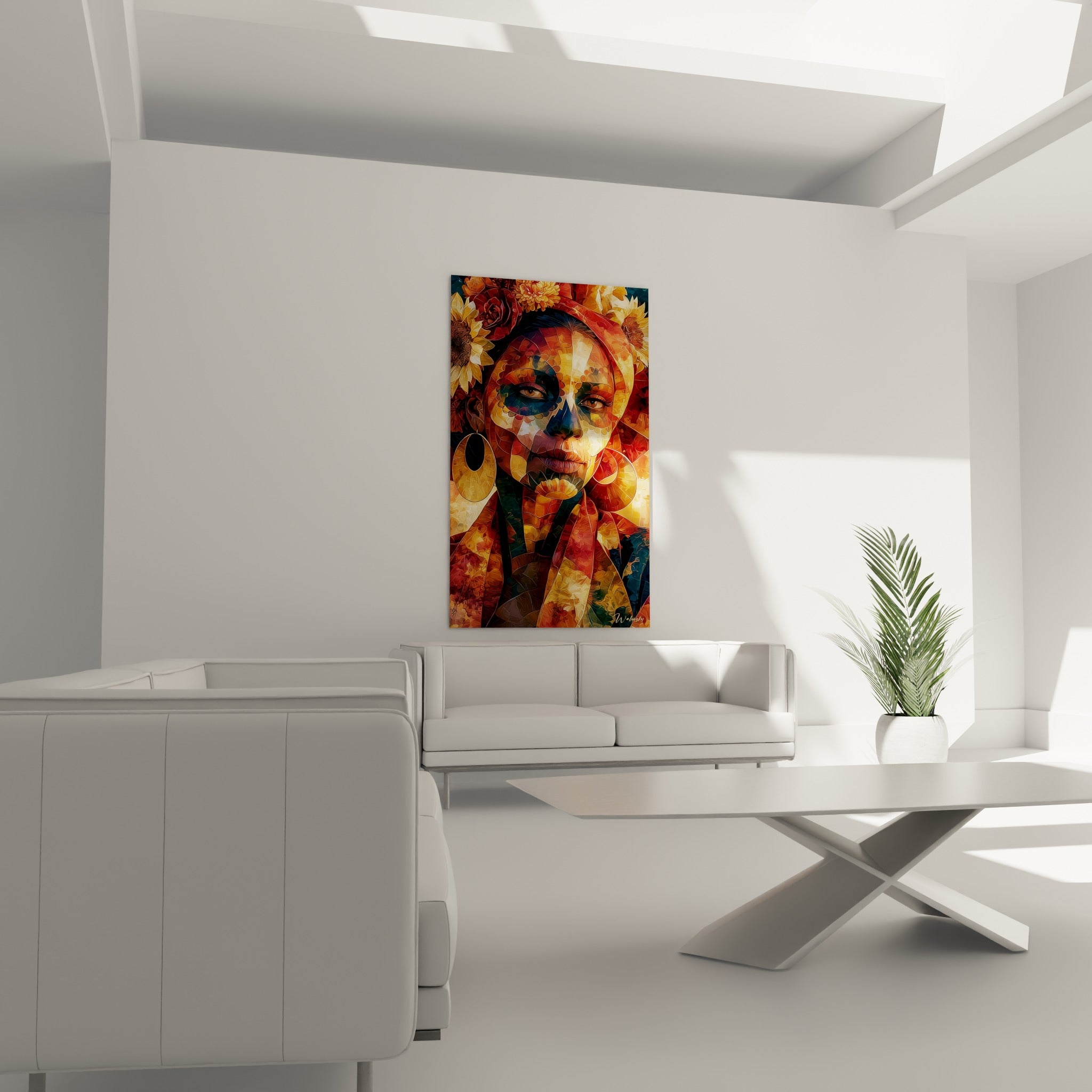 Visage peint bleu pétrole et ocre couronné de tournesols, tableau Dia de los Muertos au-dessus d'un canapé dans un salon lumineux