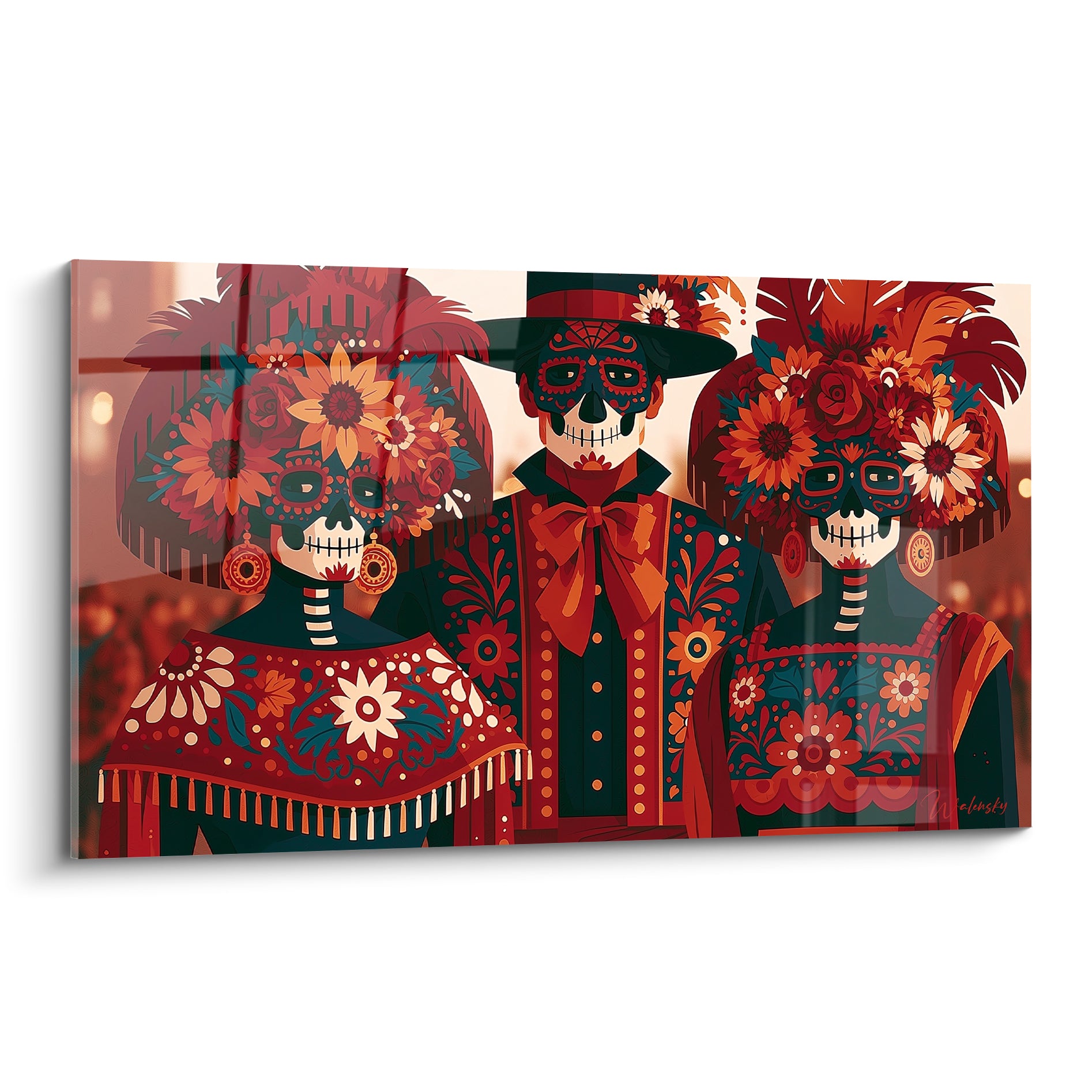 Trois squelettes du Dia de los Muertos parés de fleurs rouge terracotta et turquoise anthracite