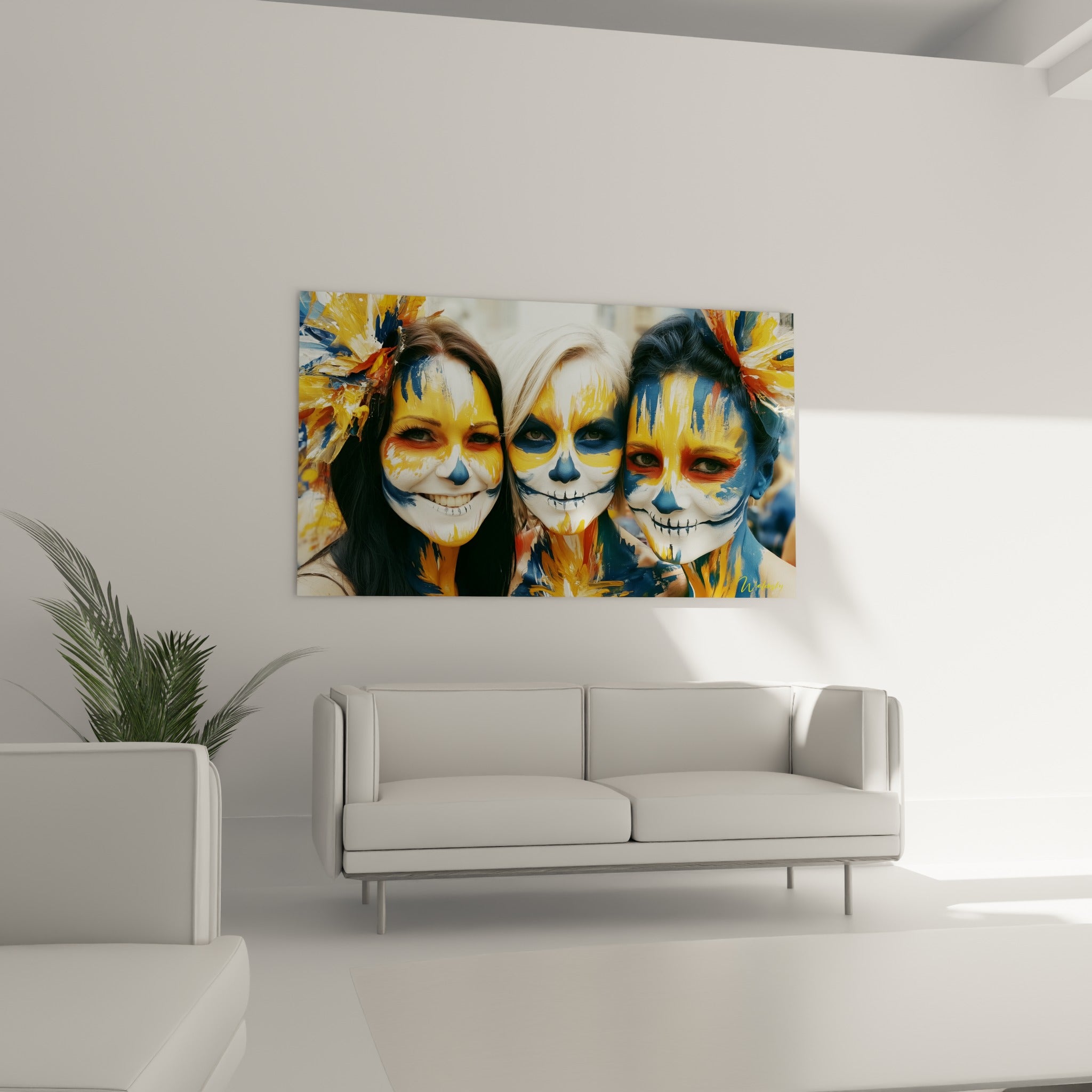 Maquillage Dia de los Muertos jaune doré et bleu marine affiché au-dessus d'un canapé dans un salon lumineux