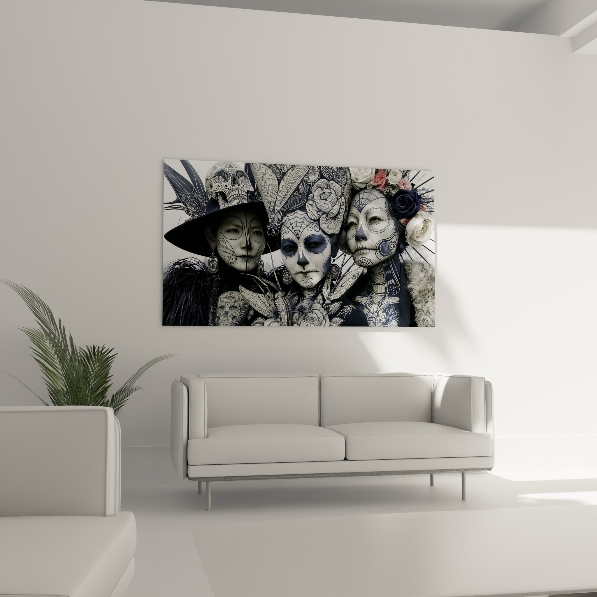 Crânes rituels Dia de los Muertos en noir et blanc, suspendus au-dessus d'un canapé dans un salon lumineux