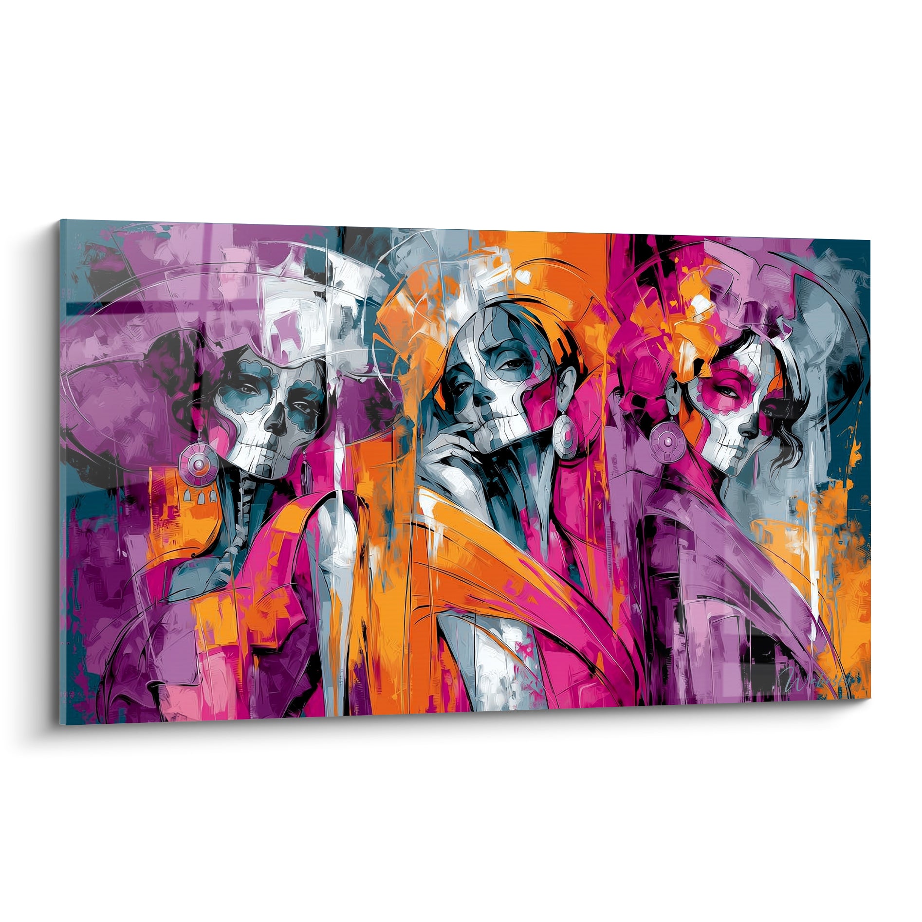 Trois visages Dia de los Muertos peints en violet, orange et rose sur toile expressive