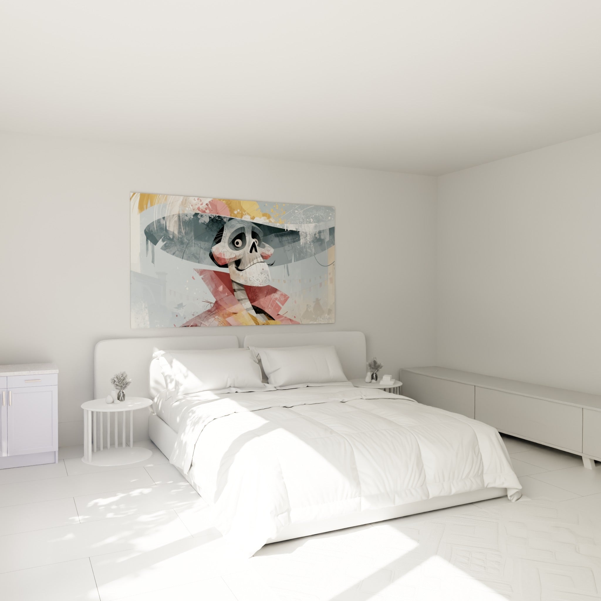 Sombrero rose et crâne gris ornementé, œuvre Dia de los Muertos au-dessus d'un lit dans une chambre claire