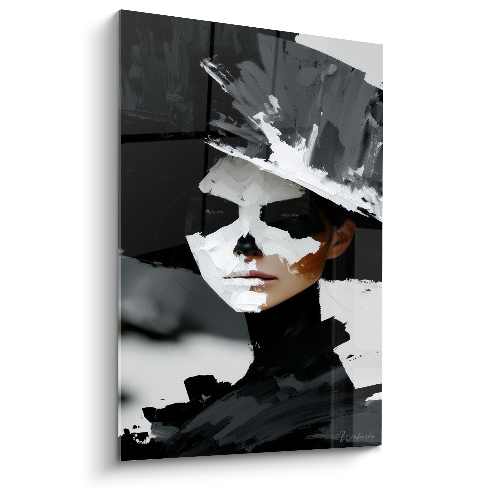 Visage Dia de los Muertos peint en blanc craquelé sur fond anthracite, empâtements expressifs
