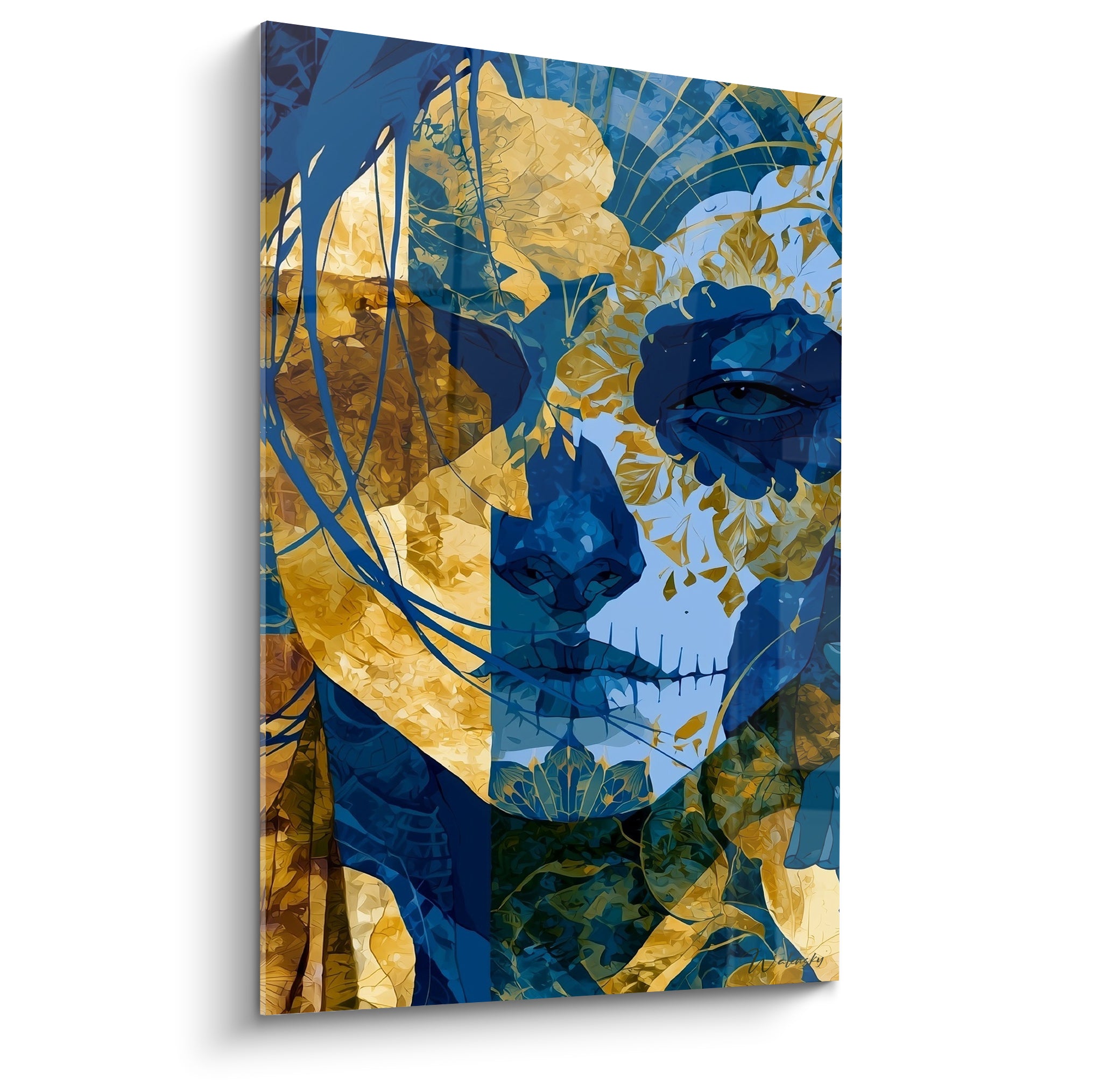 Visage Dia de los Muertos bleu marine et doré orné de motifs floraux stylisés
