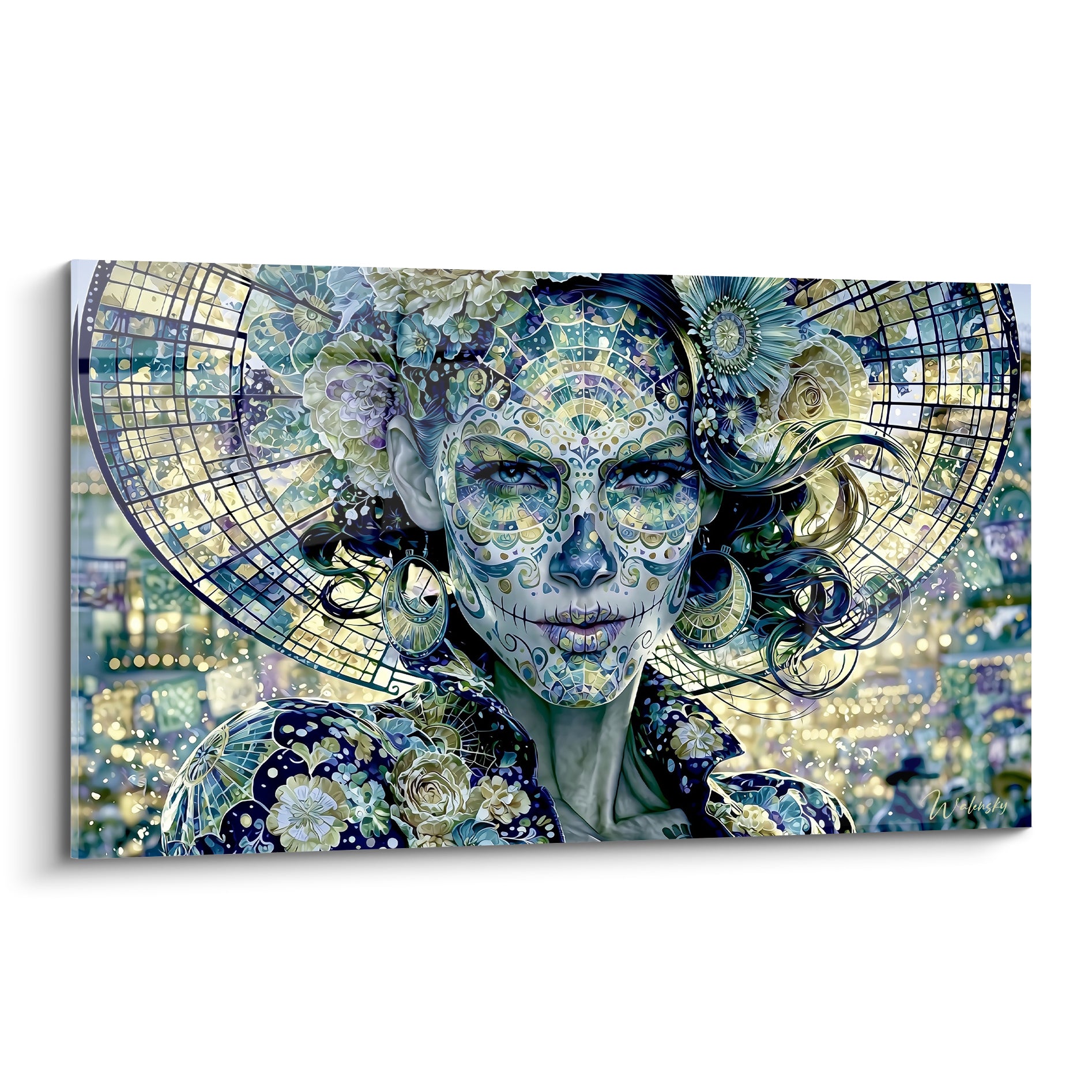 Visage Dia de los Muertos au maquillage bleu pastel et doré, chapeau fleuri en gros plan