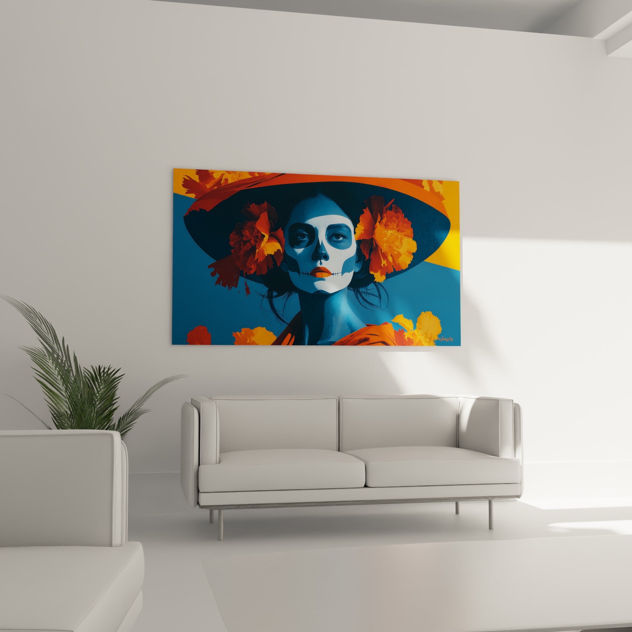 Femme au maquillage crâne blanc et bleu, chapeau orange fleuri, œuvre au-dessus d'un canapé dans un salon lumineux