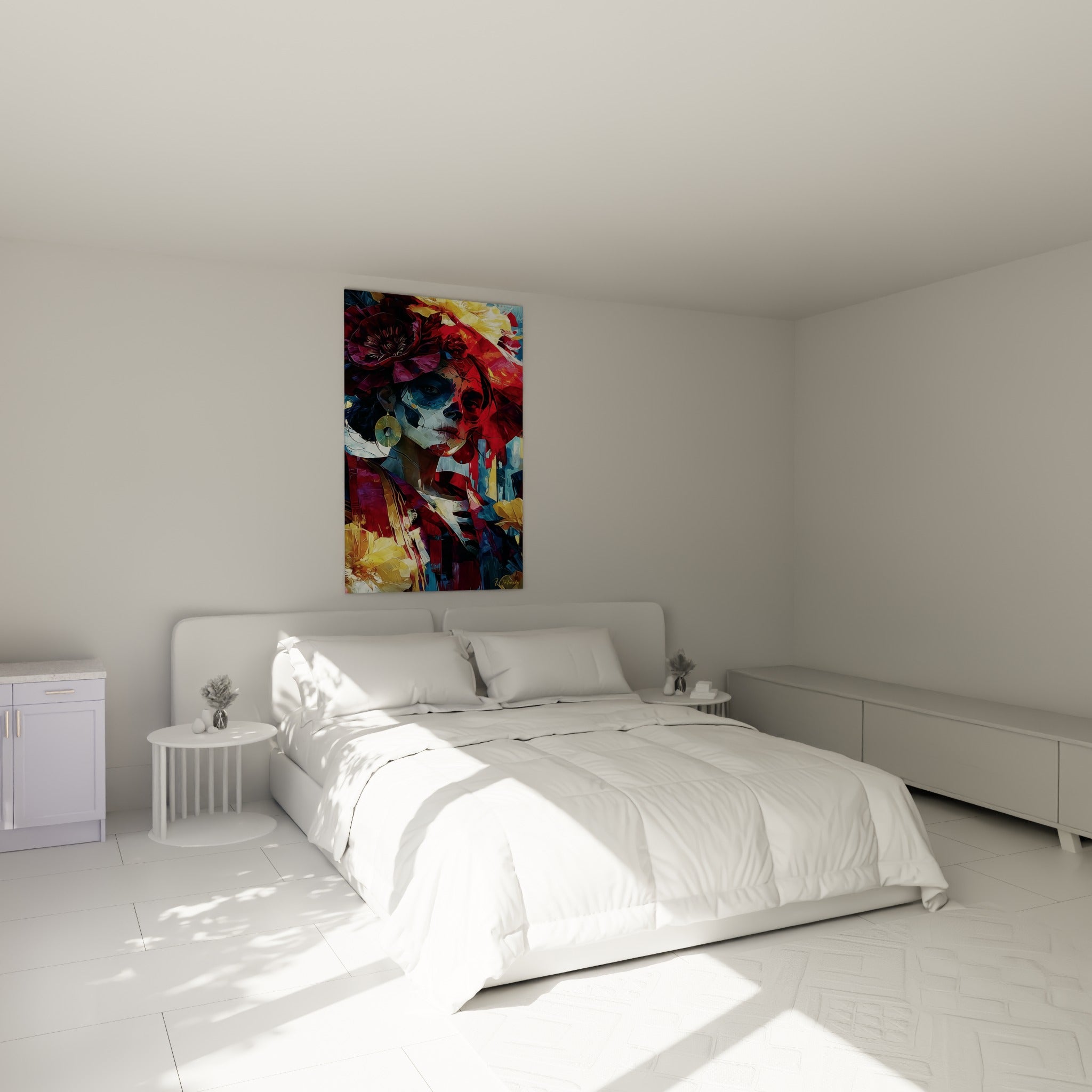 Visage maquillé bleu et bordeaux orné de fleurs dorées, accroché au-dessus d'un lit dans une chambre claire