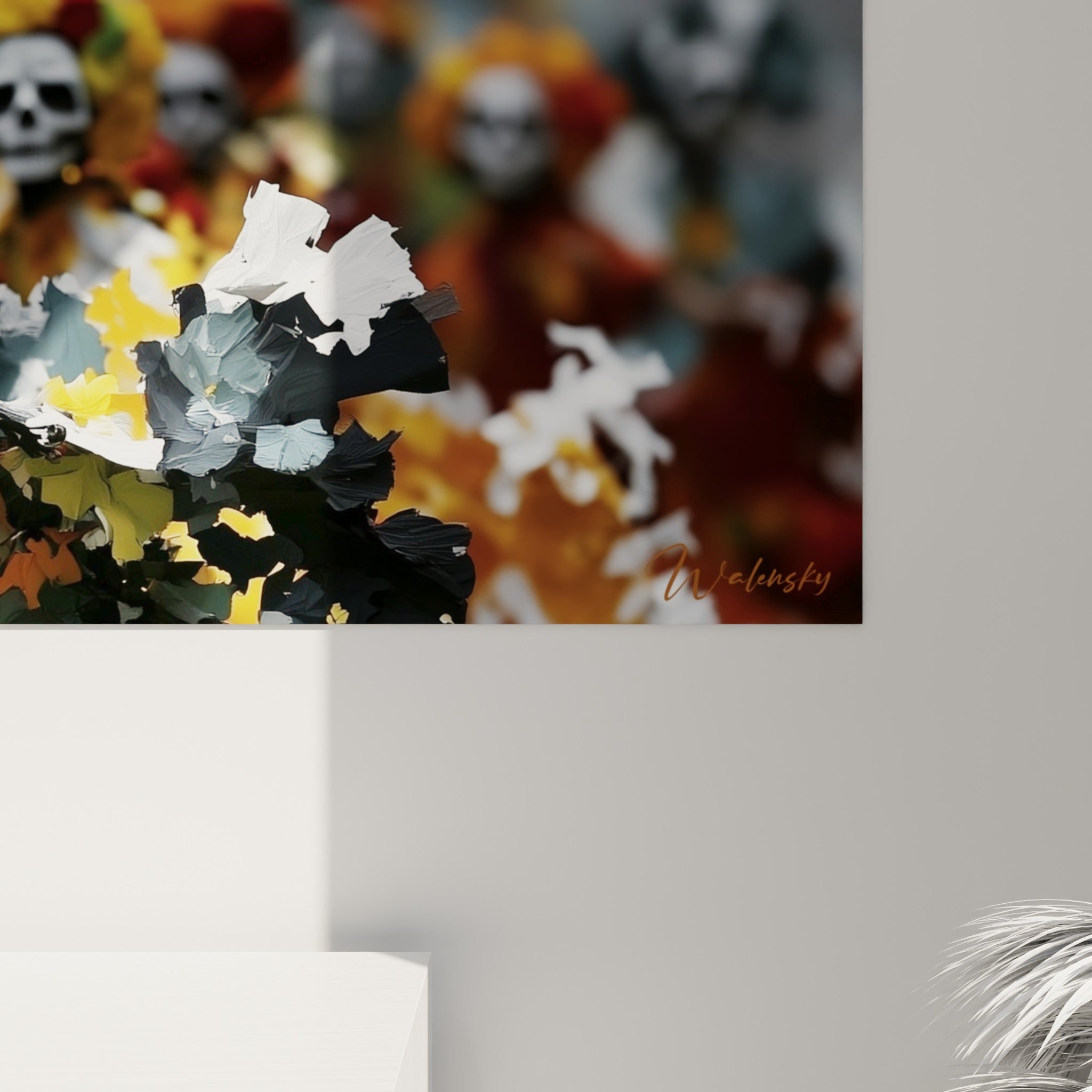Empâtements colorés orange et noir sur le visage peint de la Catrina Dia de los Muertos
