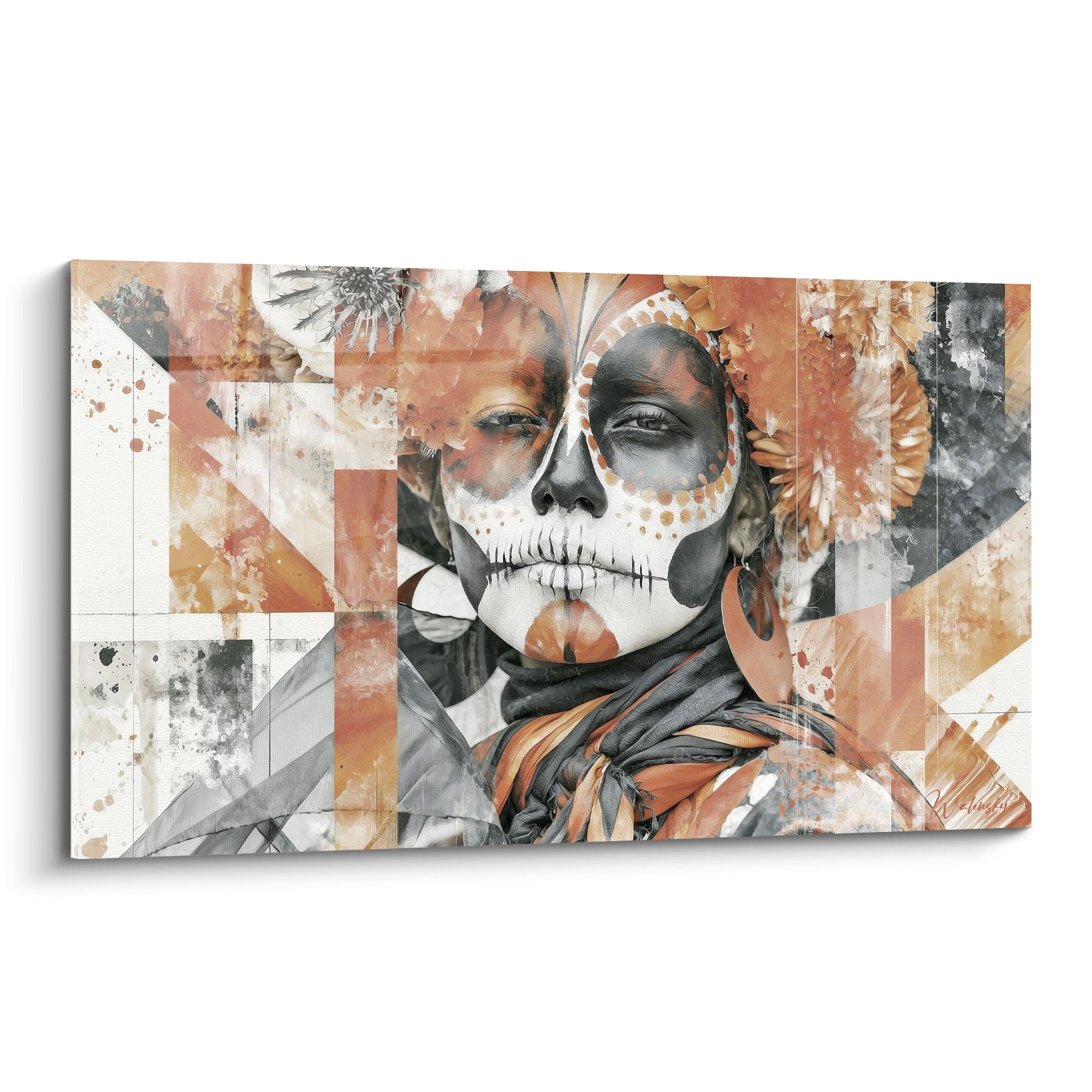 Visage peint façon Dia de los Muertos aux tons terracotta et anthracite, papillon sur le front