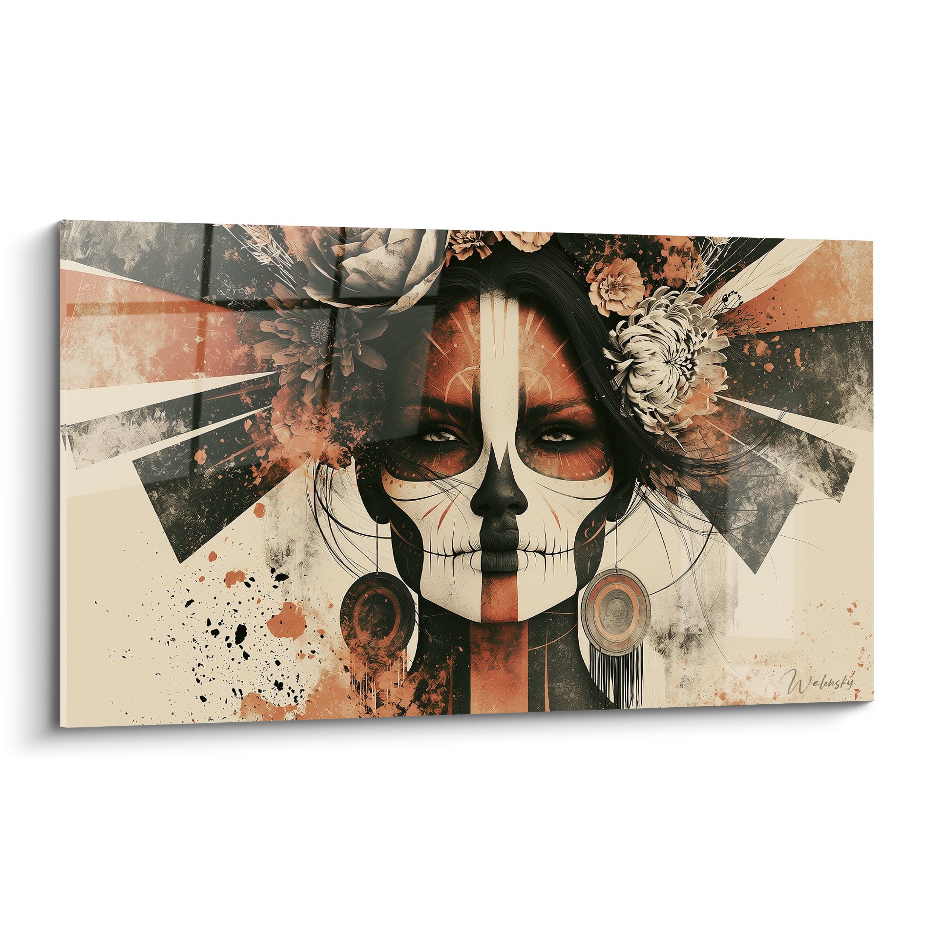 Visage peint façon Dia de los Muertos en terracotta et blanc, couronné de fleurs anthracite