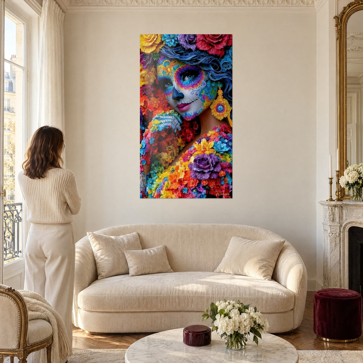 Tableau Catrina au visage de sucre peint, fleurs rouges et jaunes, boucle dorée, au-dessus d'un canapé dans un salon lumineux