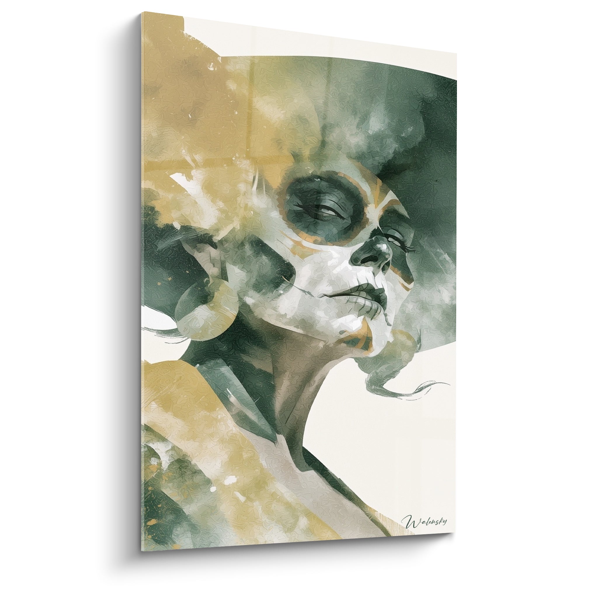 Visage peint aux tons vert anthracite et ocre doré, maquillage traditionnel Dia de los Muertos