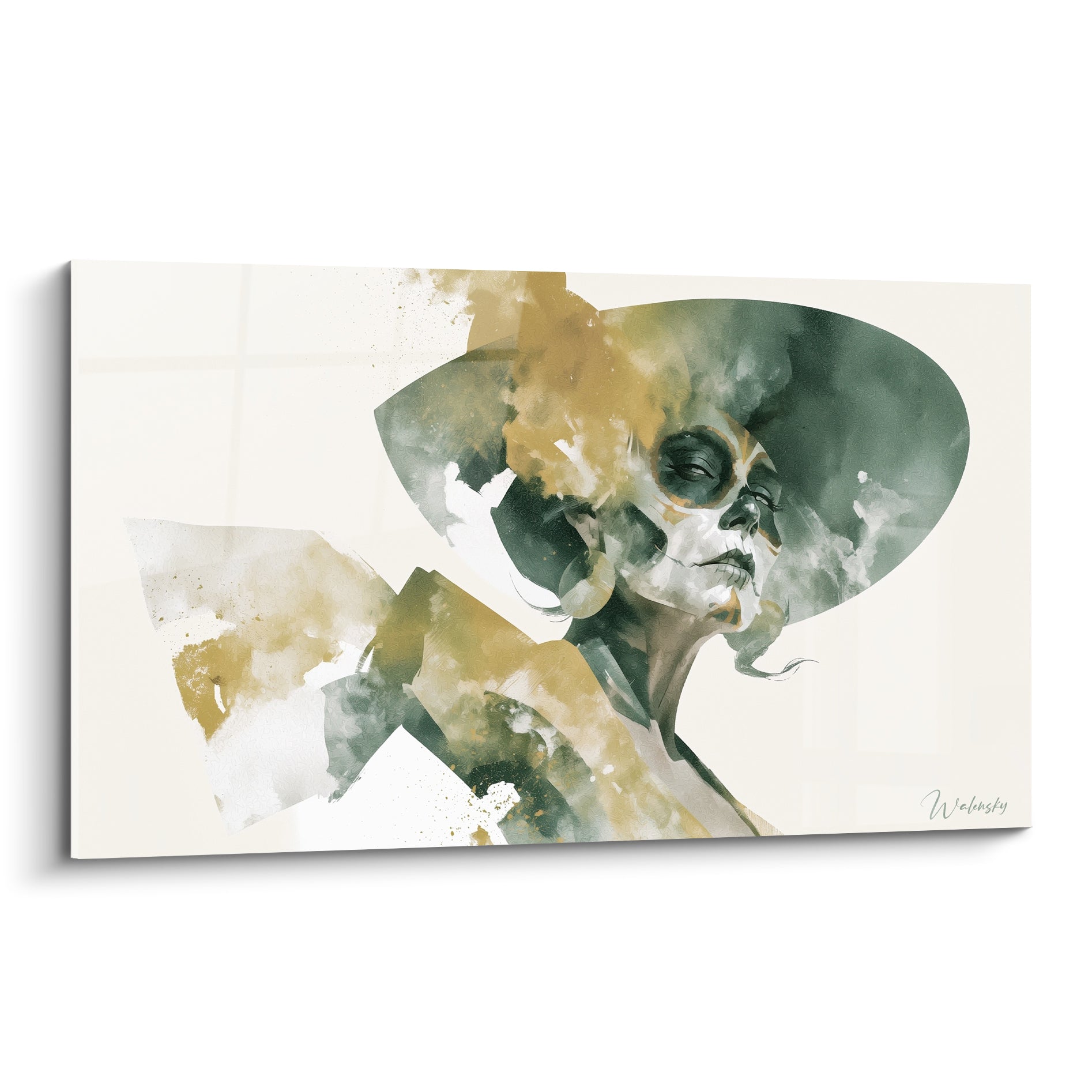 Visage Dia de los Muertos peint vert sauge et ocre, chapeau large en aquarelle sur fond ivoire