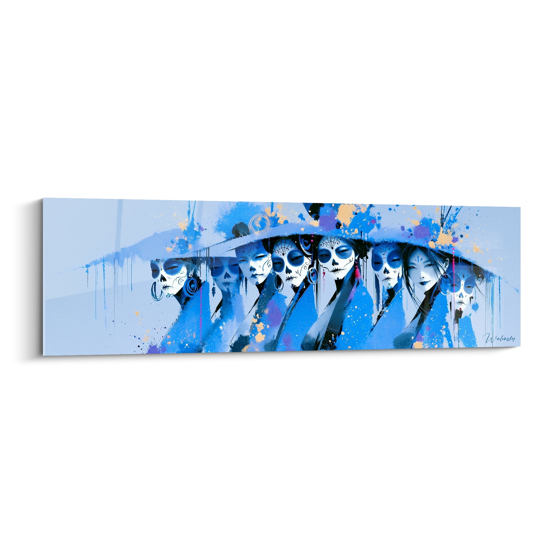 Visages féminins bleu marine et blanc nacré au maquillage crânien du Dia de los Muertos, éclaboussures ocre