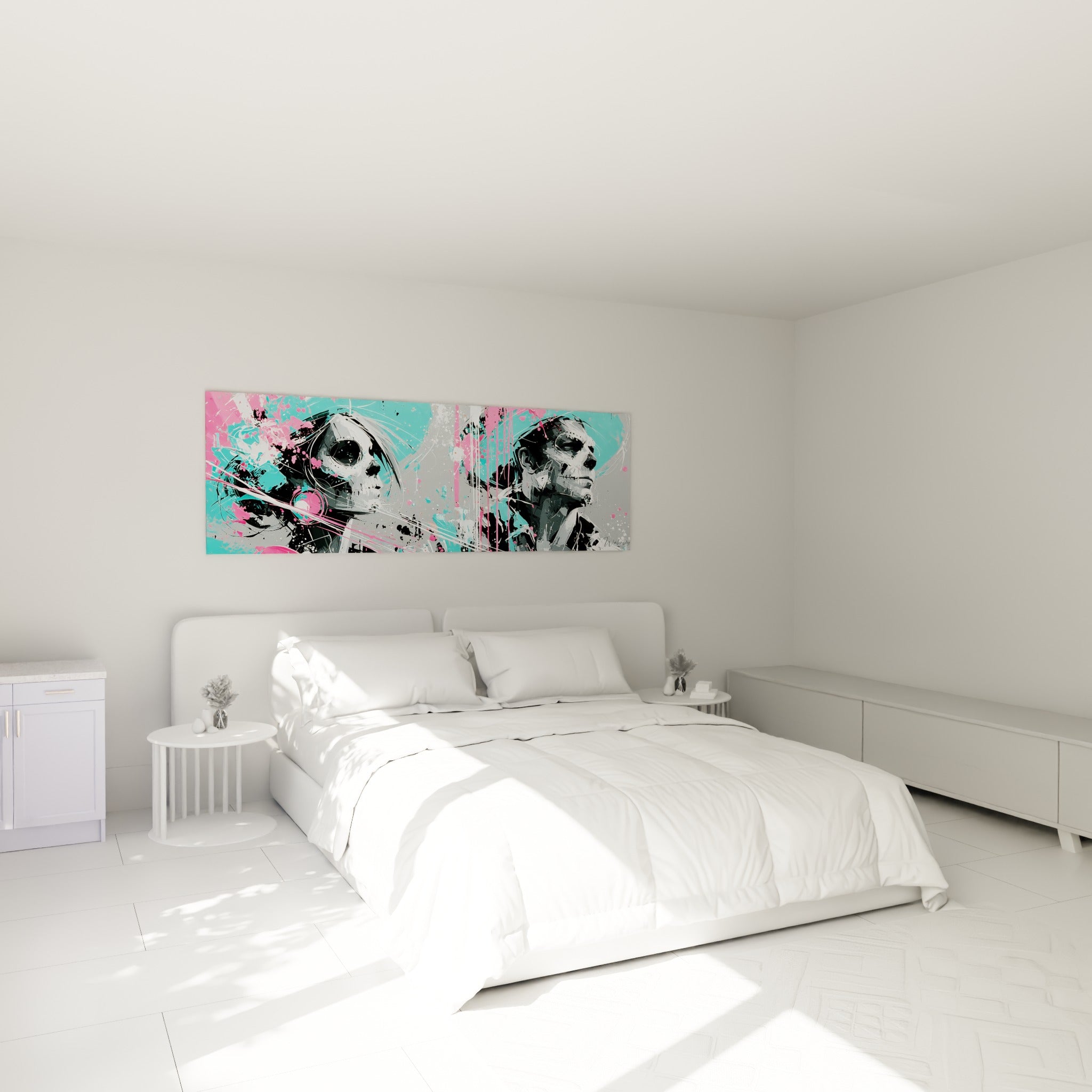 Crânes Dia de los Muertos aux touches turquoise et rose fluo accrochés au-dessus d'un lit dans une chambre claire