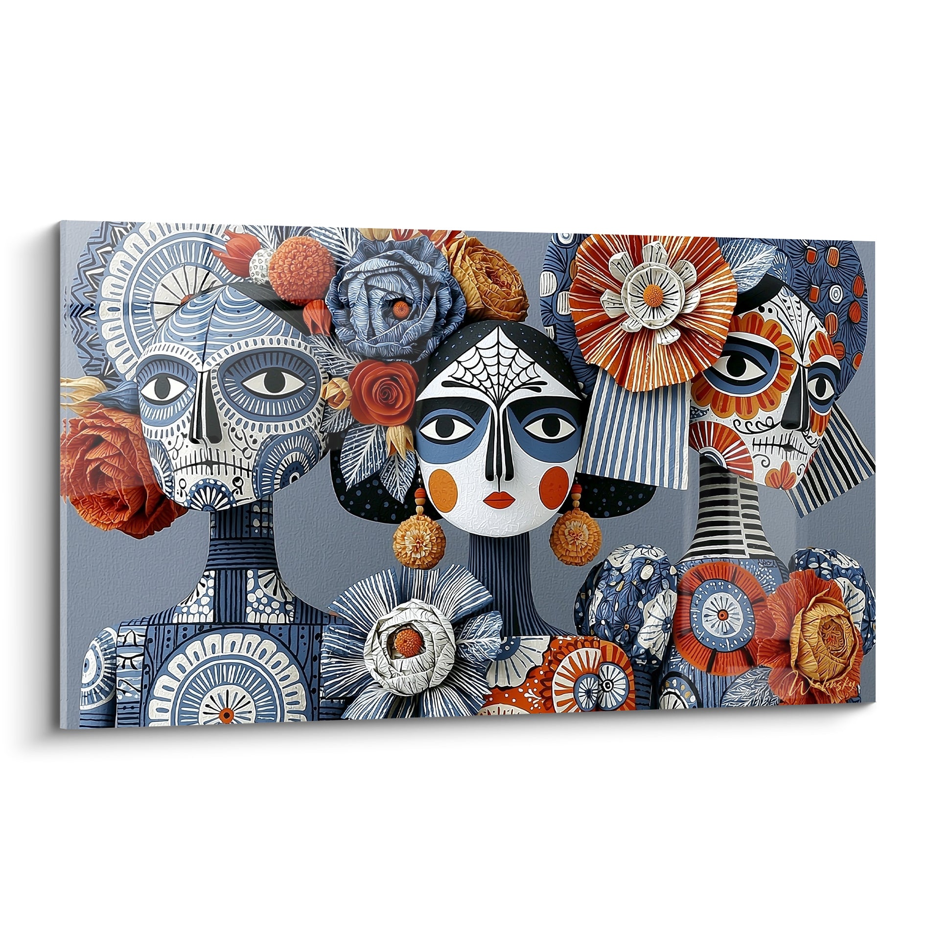 Trois visages Dia de los Muertos couronnés de fleurs terracotta et bleu marine sur fond gris