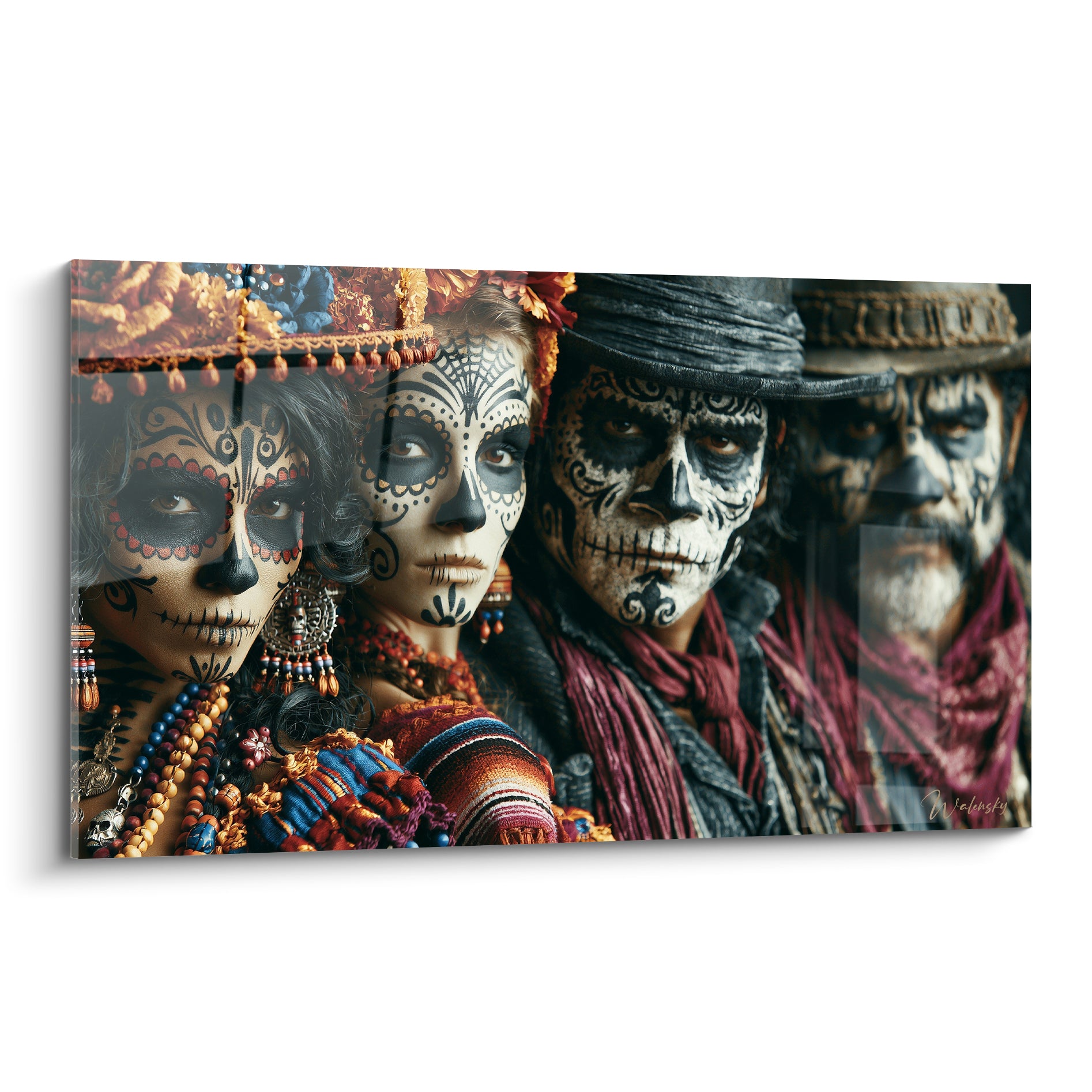 Quatre visages Dia de los Muertos maquillés noir et blanc, foulards bordeaux, bijoux dorés