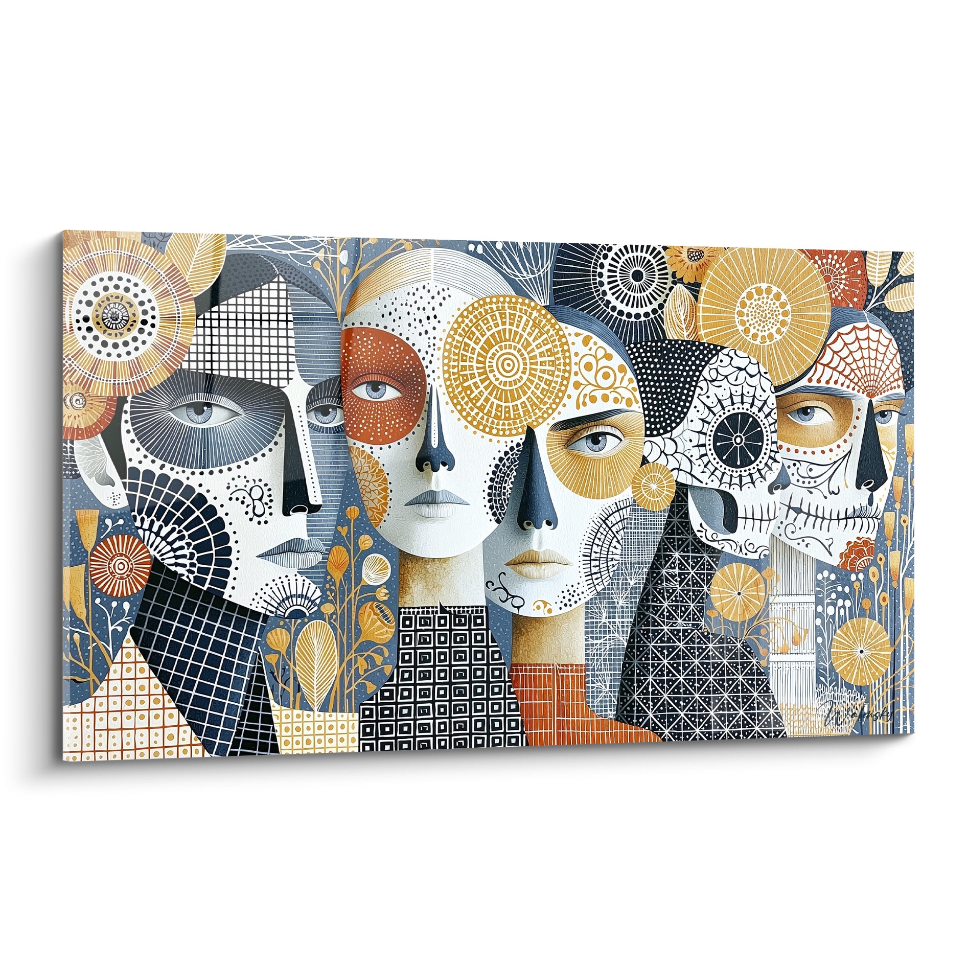 Visages Dia de los Muertos bleu marine et doré ornés de motifs floraux terracotta