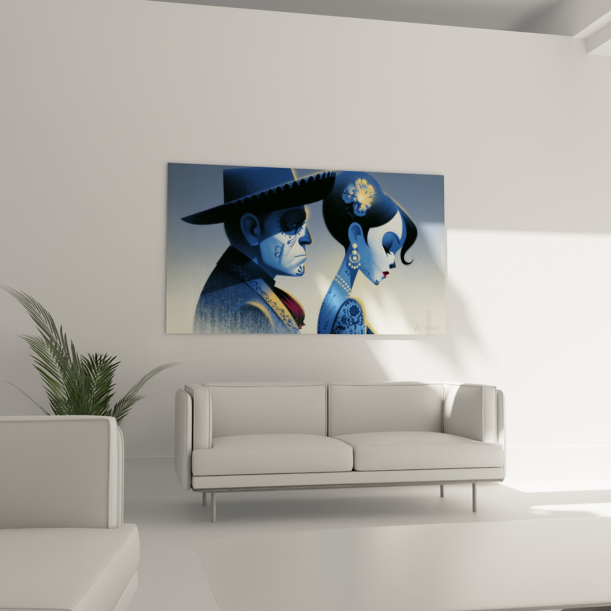 Visages peints bleu marine et rouge du couple Dia de los Muertos au-dessus d'un canapé dans un salon lumineux