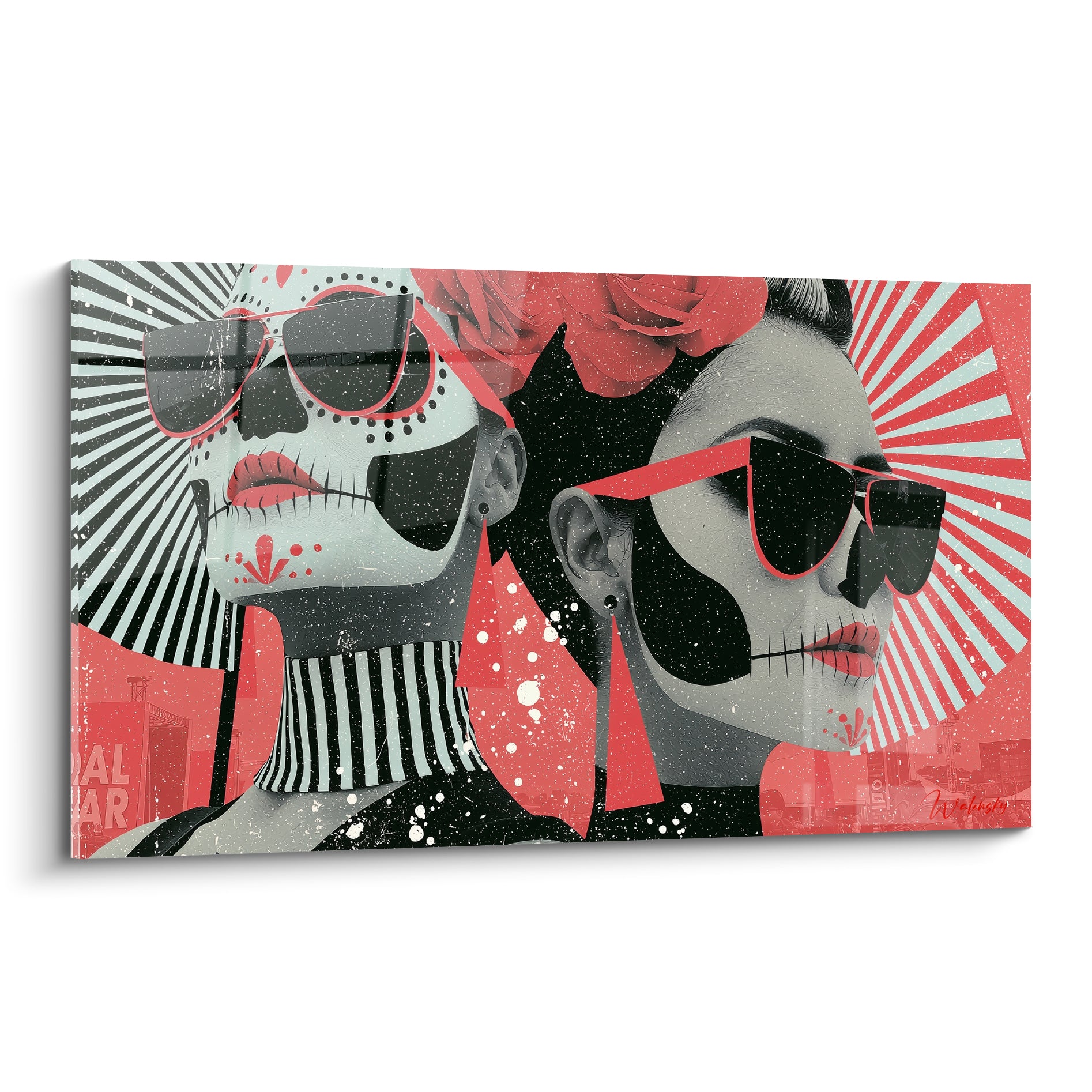 Deux visages Dia de los Muertos au maquillage rouge et noir avec lunettes de soleil affirmées