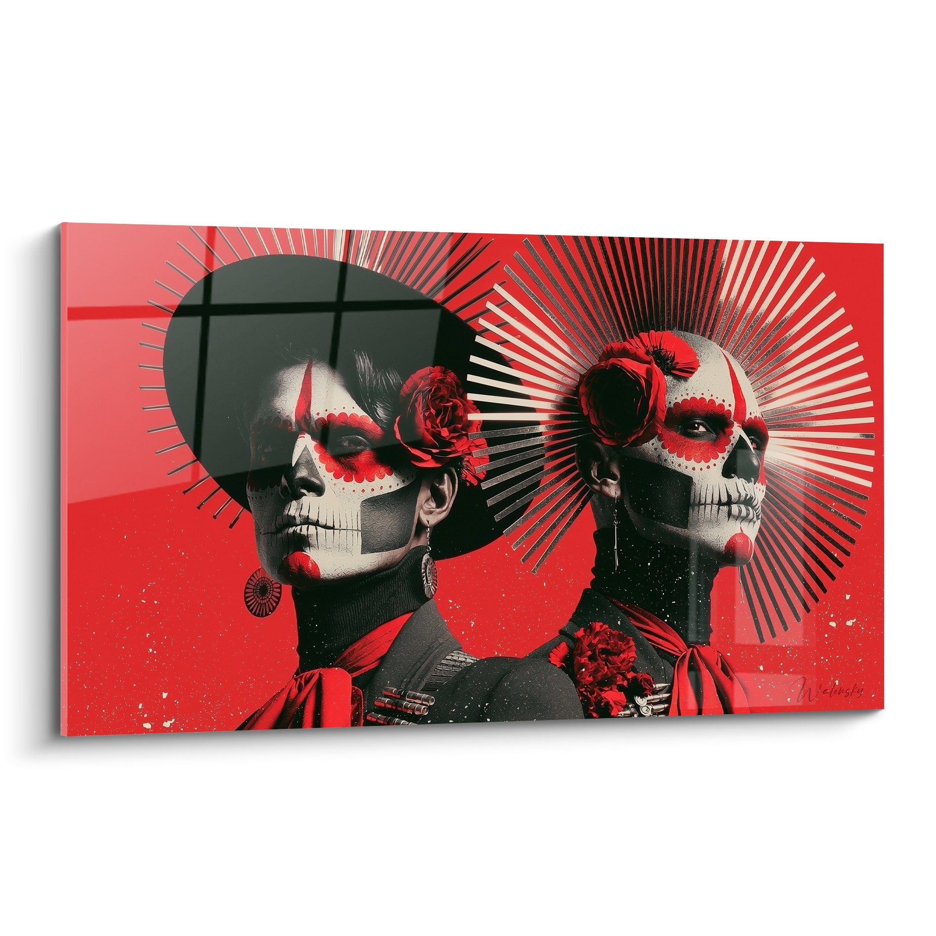 Deux visages Dia de los Muertos maquillés blanc et rouge, roses écarlates, rayons argentés en éventail