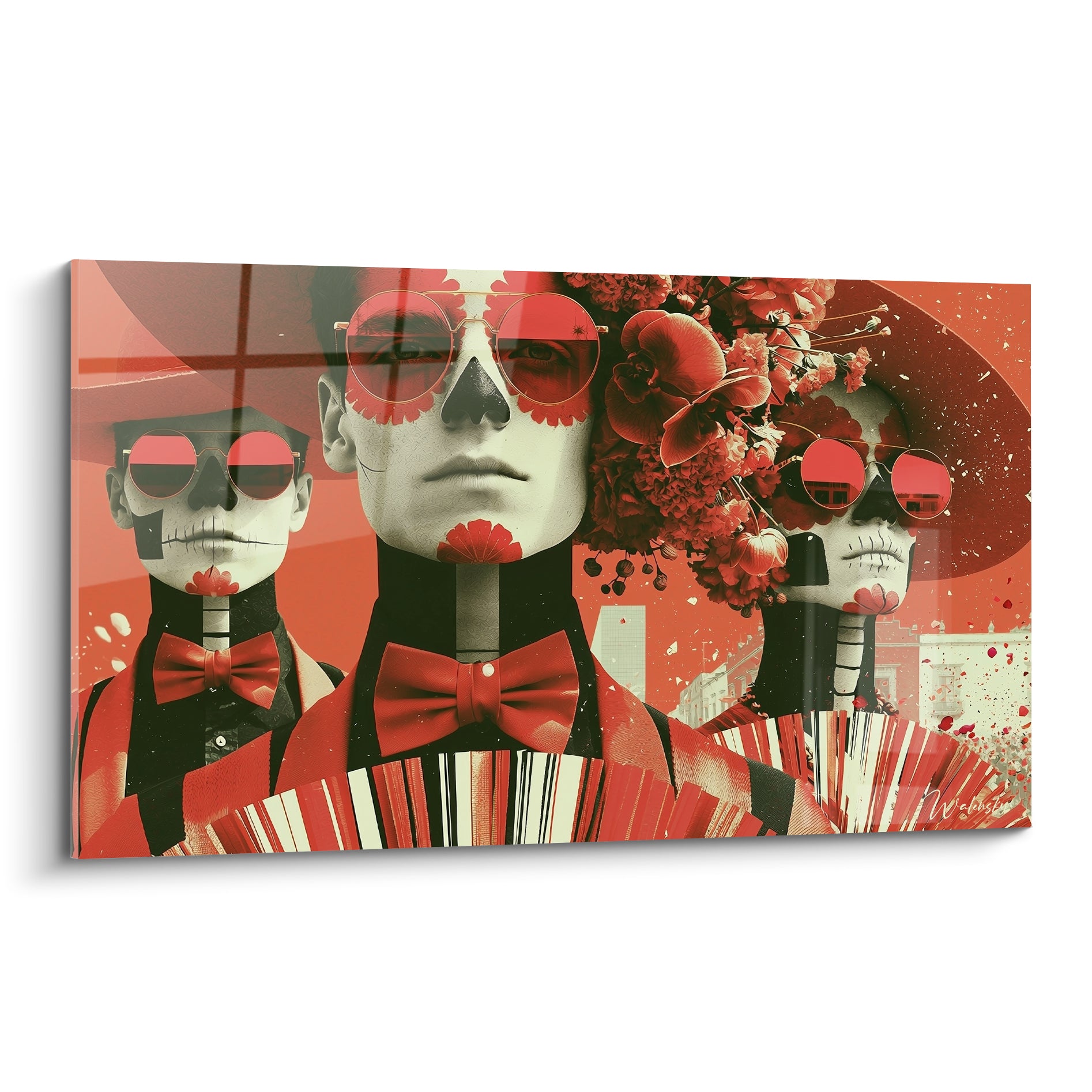 Trois visages maquillés Dia de los Muertos, rouge terracotta et noir, lunettes rondes et fleurs