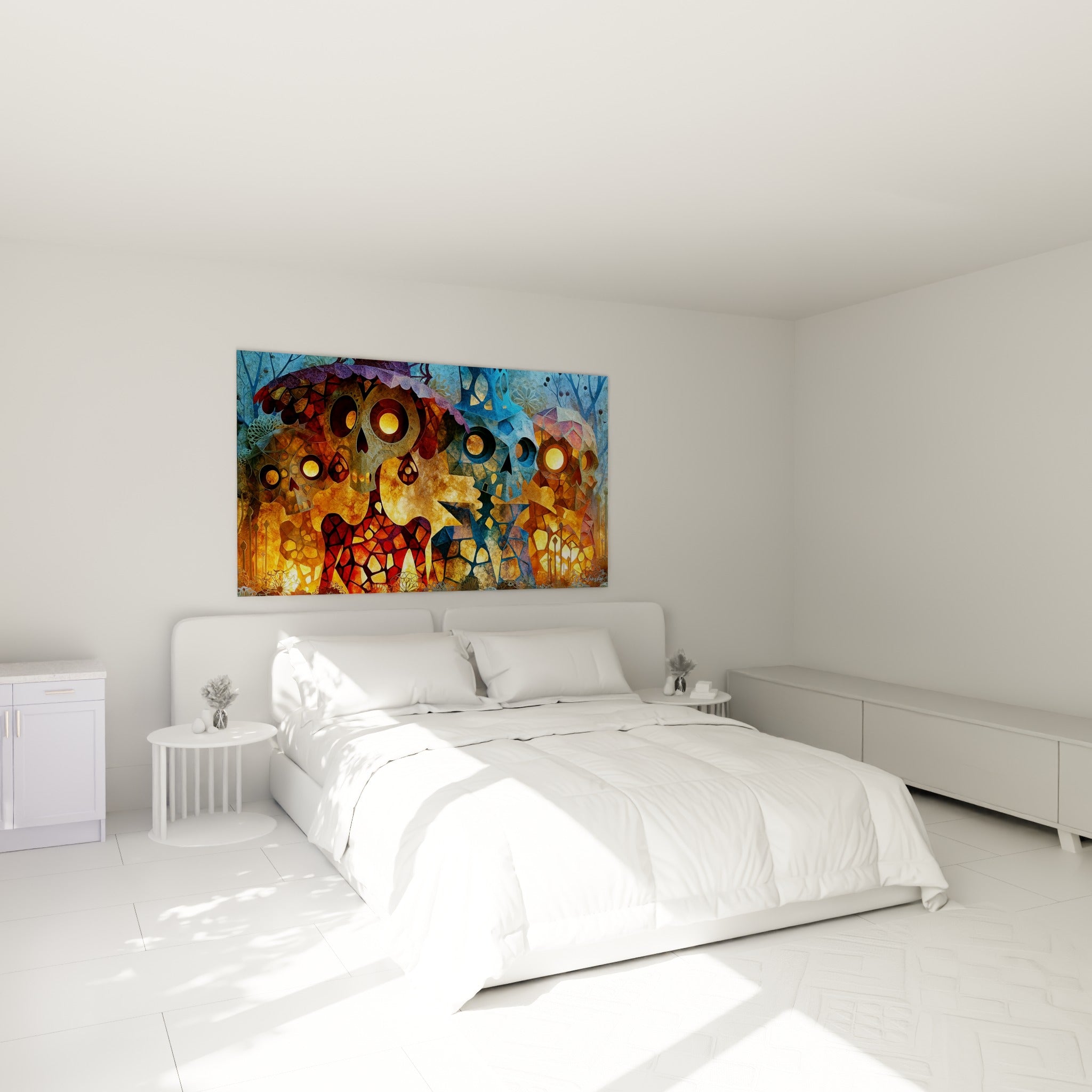 Crânes Dia de los Muertos ambre et bleu nuit accrochés au-dessus d'un lit dans une chambre claire