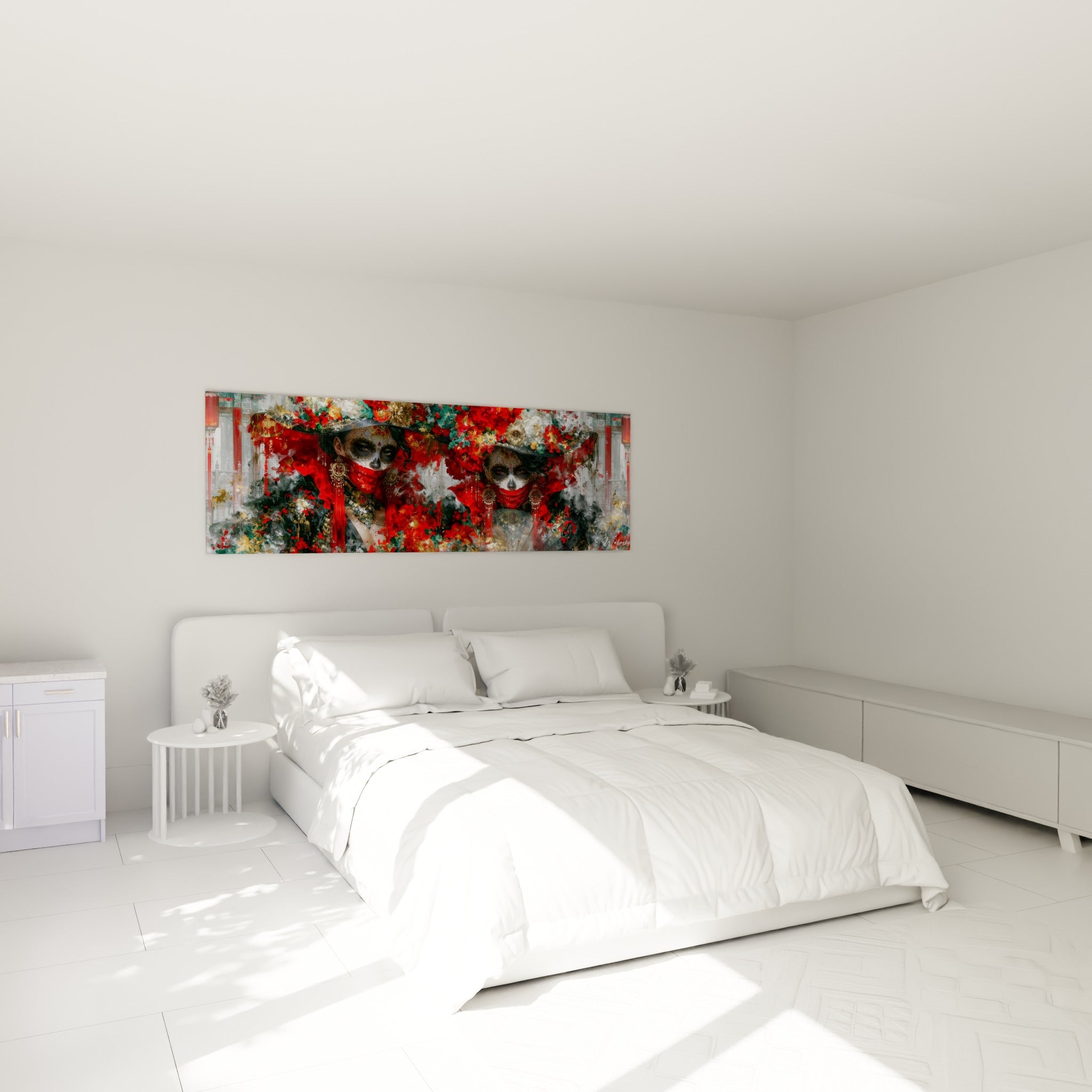 Deux catrinas fleuries en rouge et vert sauge, au-dessus d'un lit dans une chambre claire