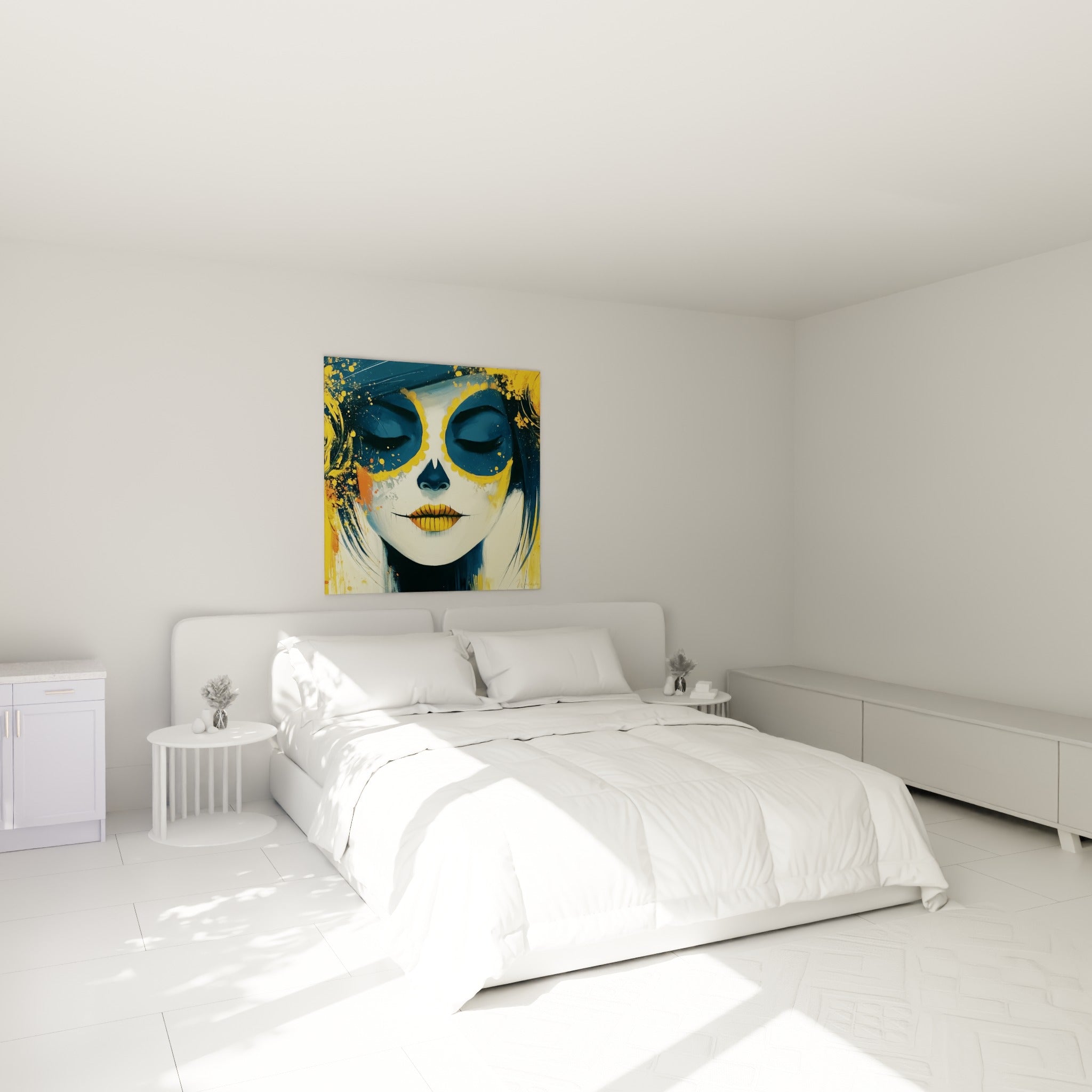 Portrait Dia de los Muertos aux tons bleu marine et jaune doré, accroché au-dessus d'un lit dans une chambre claire