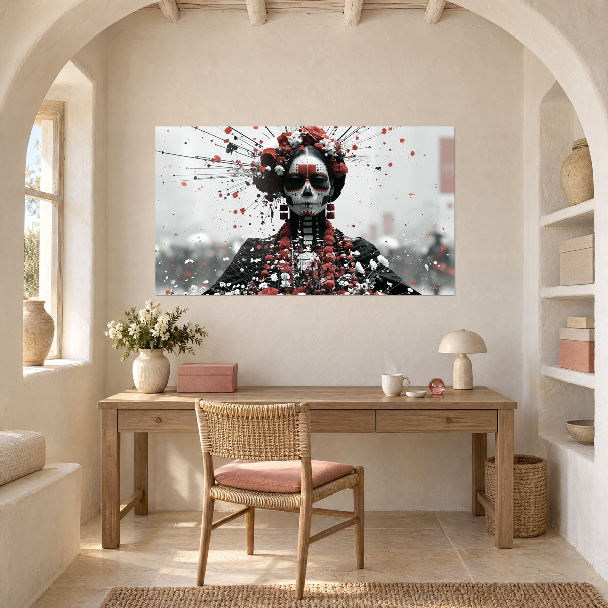 Quadro maschera di teschio di zucchero in nero e rosso, corona di rose, mantello scuro, parete beige di un ufficio con scrittoio e sedia in rattan