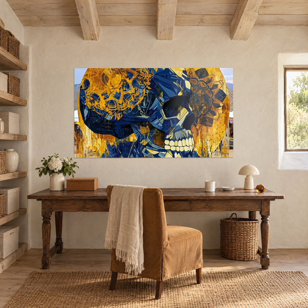 Gemälde Mexikanischer Schädel aus dunklem Azurblau und Gold als Mosaik, Mandalablüte rechts, über einem Holzschreibtisch neben einem Fenster