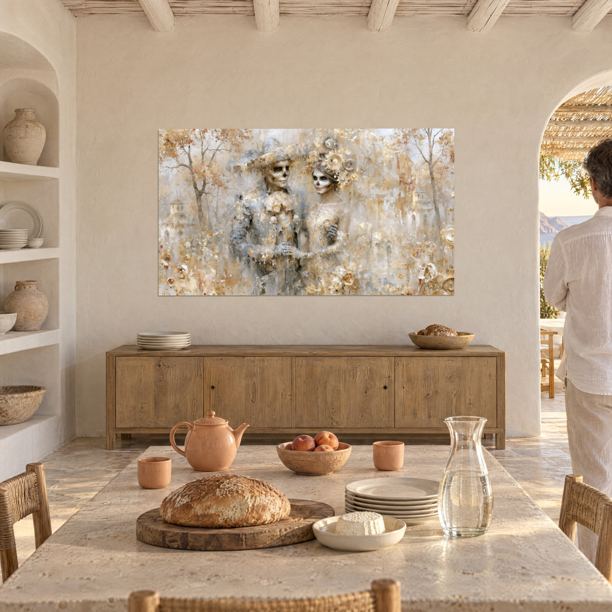Wall art golden macabre wedding, bride with parasol and ochre flowers, vaulted gallery of a Mediterranean house, two figures seen from behind