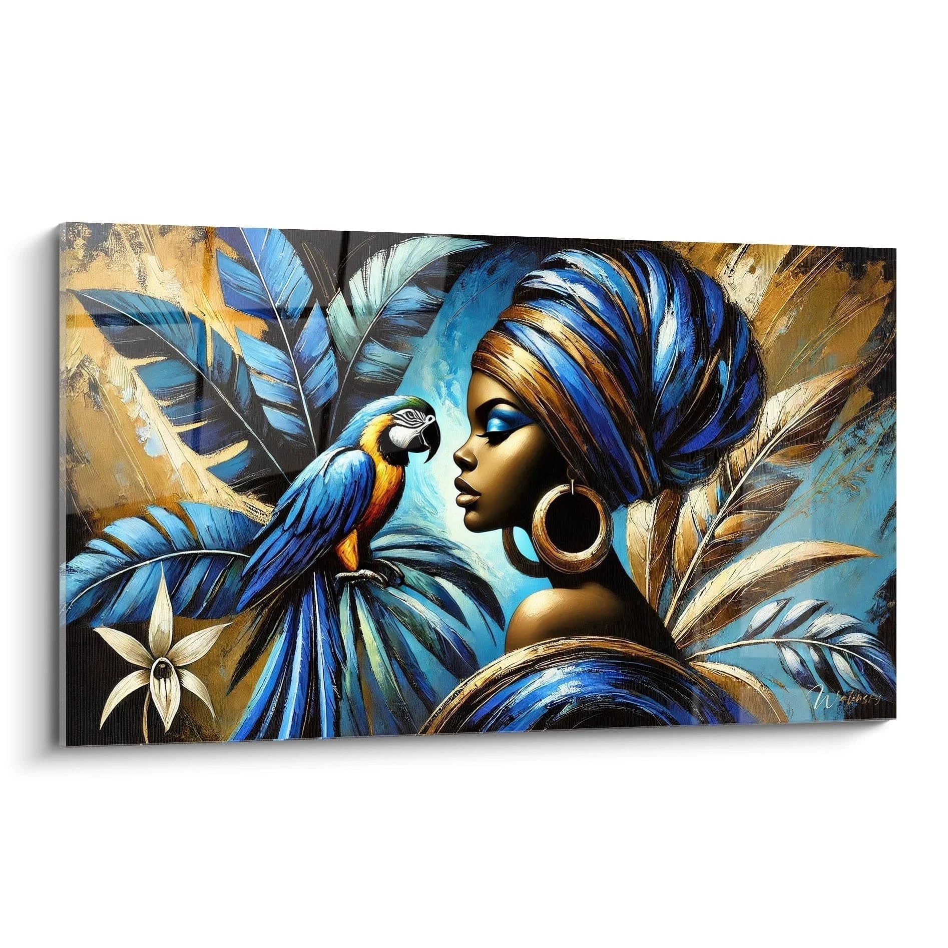 Vue de biais, ce tableau perroquet met en avant la scène exotique d'une femme majestueuse et d'un perroquet aux couleurs vibrantes. Idéal pour apporter sophistication et nature dans votre intérieur.