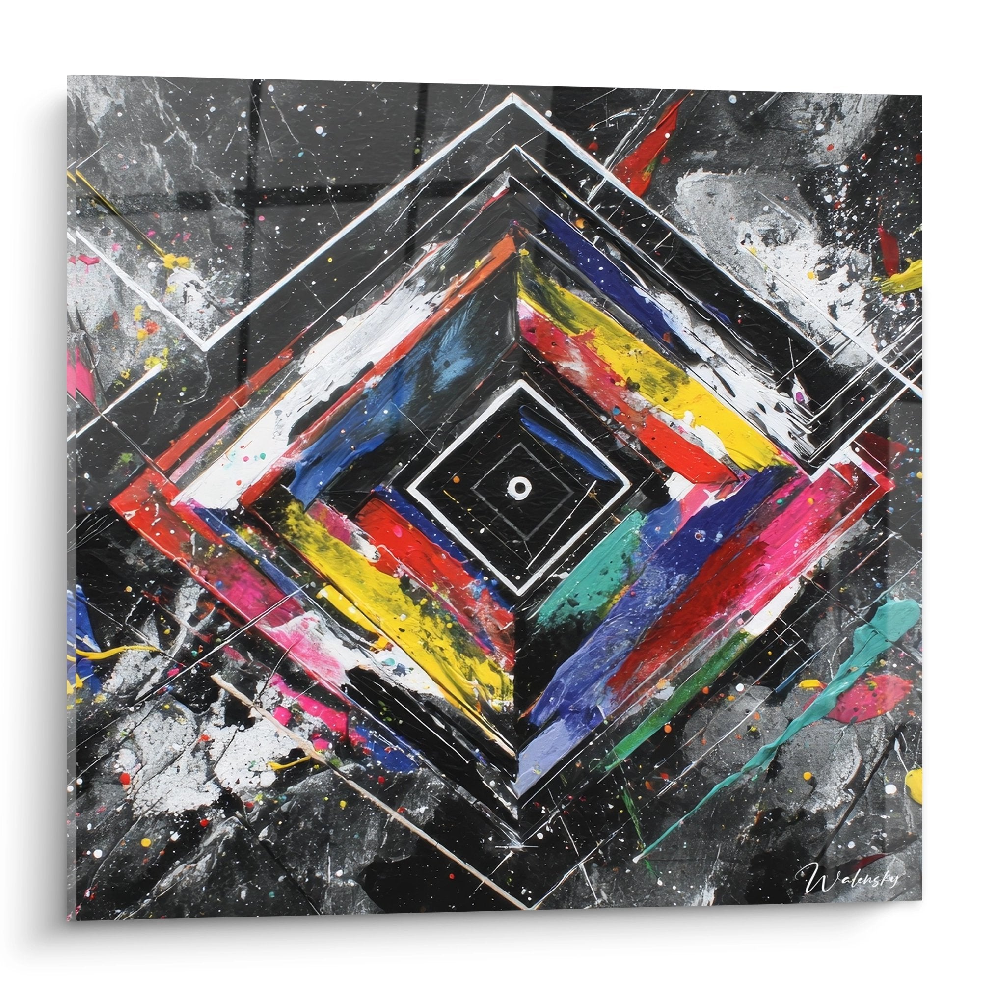 Tableau mural diamant géométrique abstrait multicolore sur fond gris avec éclaboussures