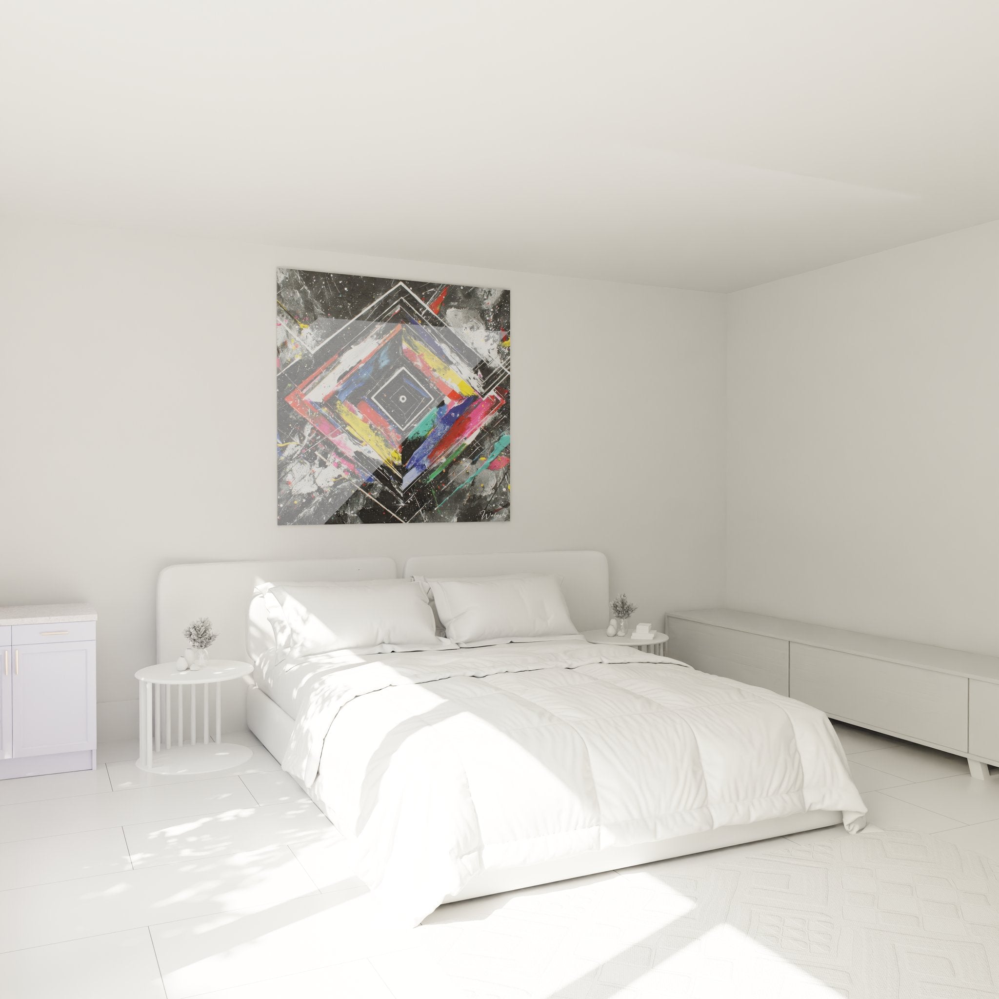 Tableau diamant concentrique coloré décorant une chambre moderne design contemporain