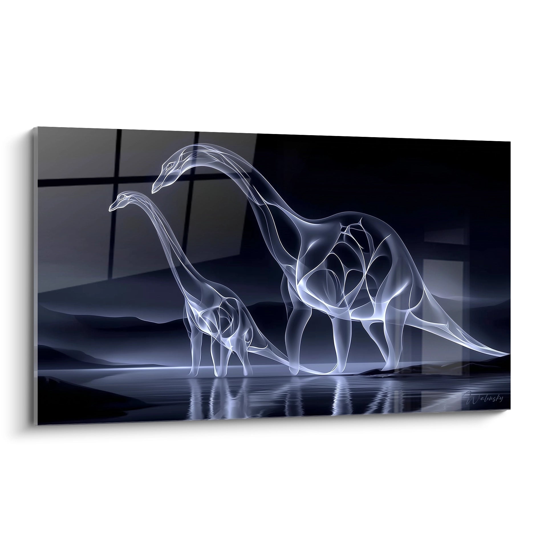 Tableau mural dinosaure brontosaures lumineux effet néon bleu style futuriste décoration moderne