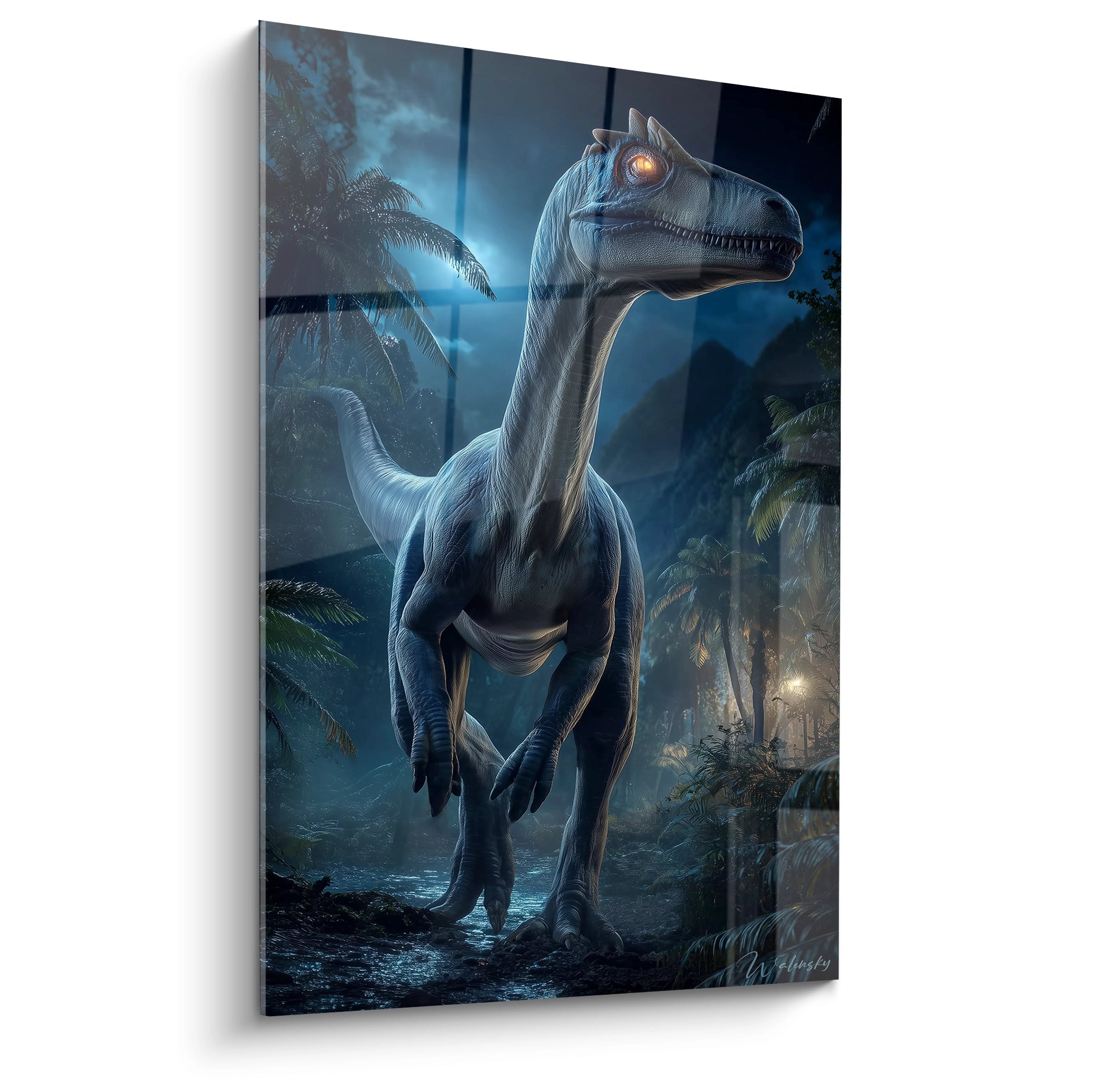 Tableau mural dinosaure Compsognathus nocturne dans jungle préhistorique avec yeux oranges lumineux