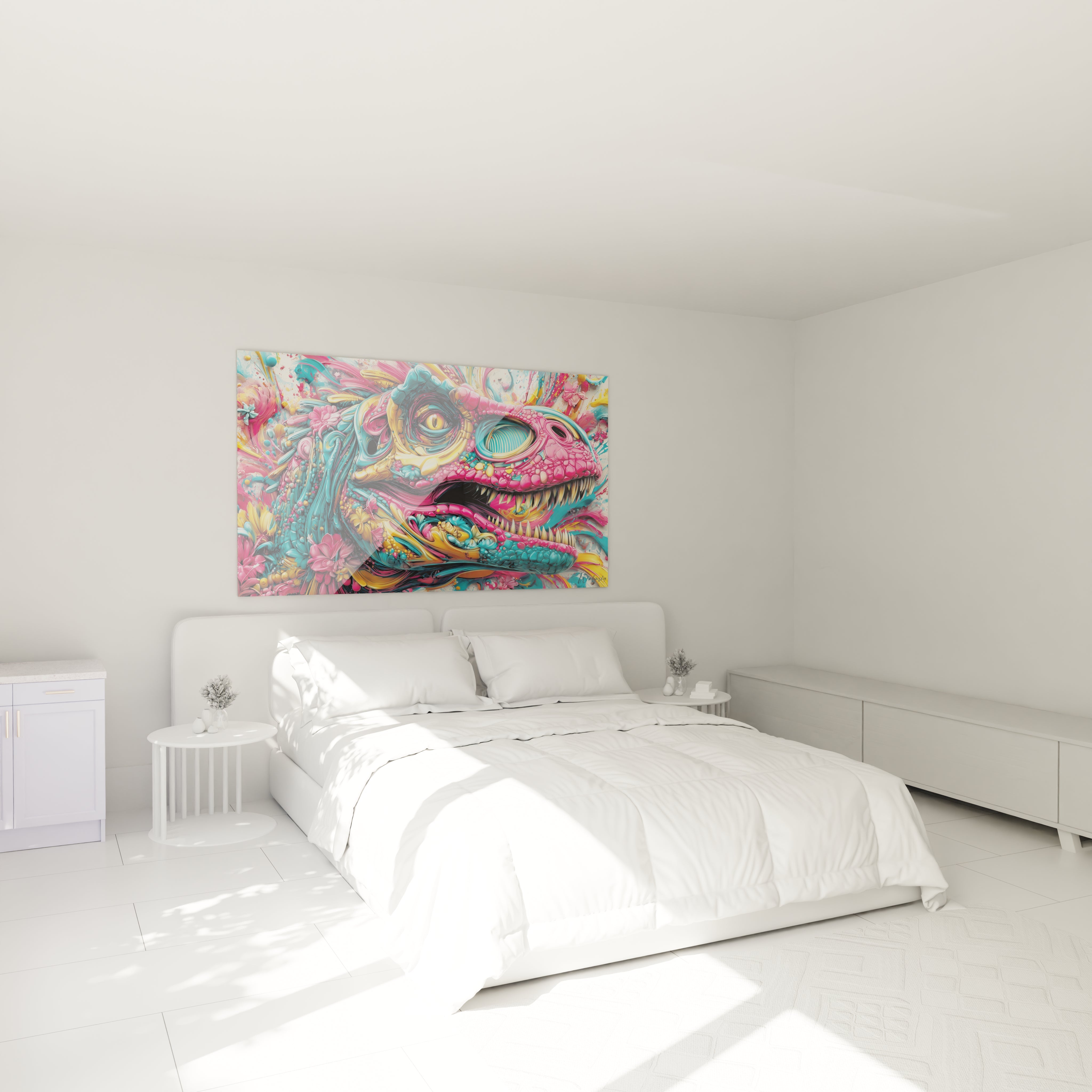 Tableau mural dinosaure coloré décorant une chambre moderne avec dragon psychédélique