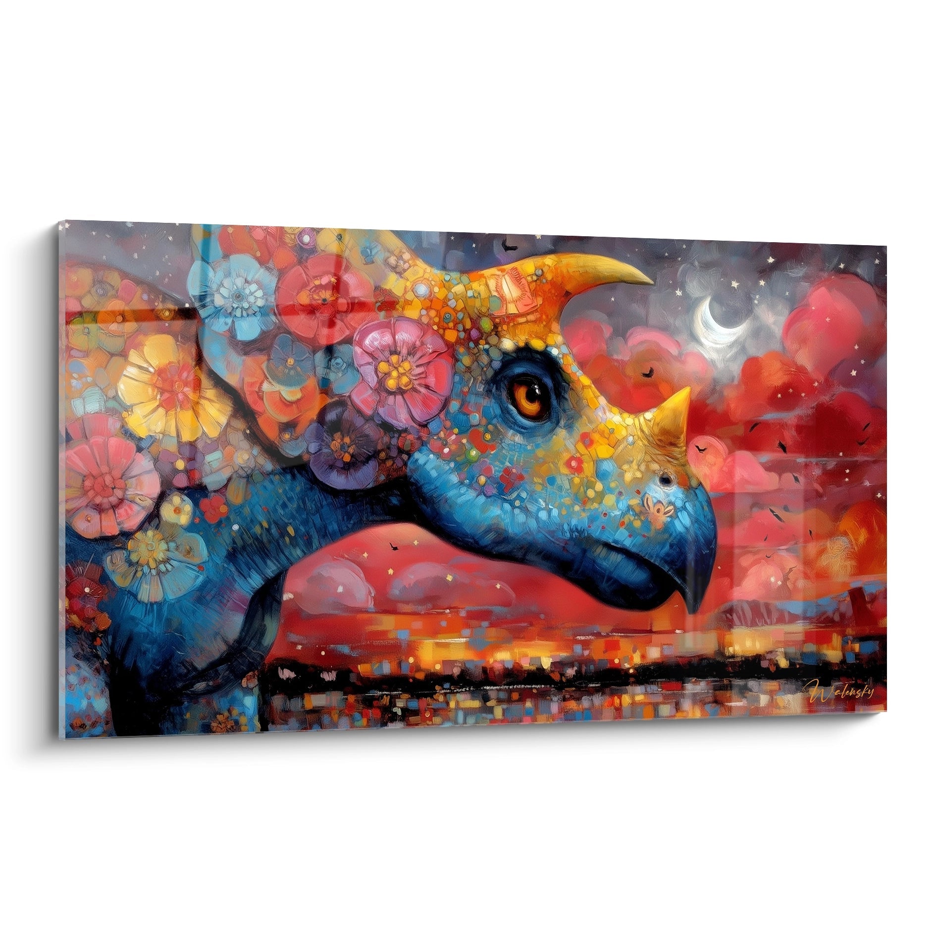 Tableau mural dinosaure fantastique orné de fleurs colorées sur fond cosmique étoilé