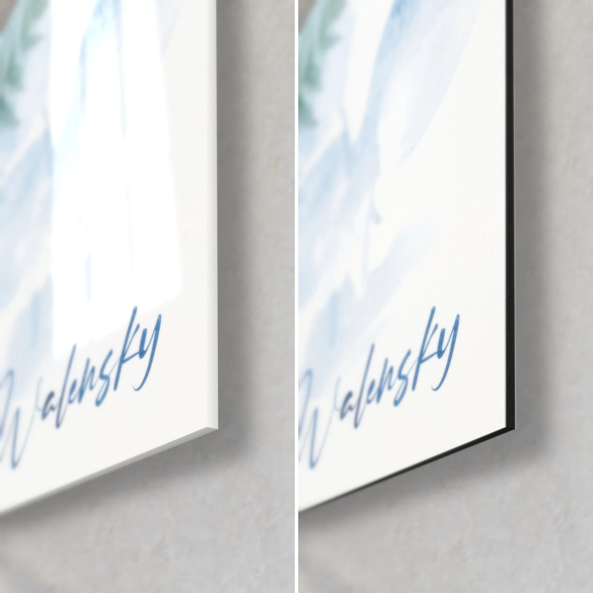 Wall art blue triceratops in watercolour, bottom right corner, glossy glass on the left, matte black Dibond aluminium on the right, 3 mm thickness