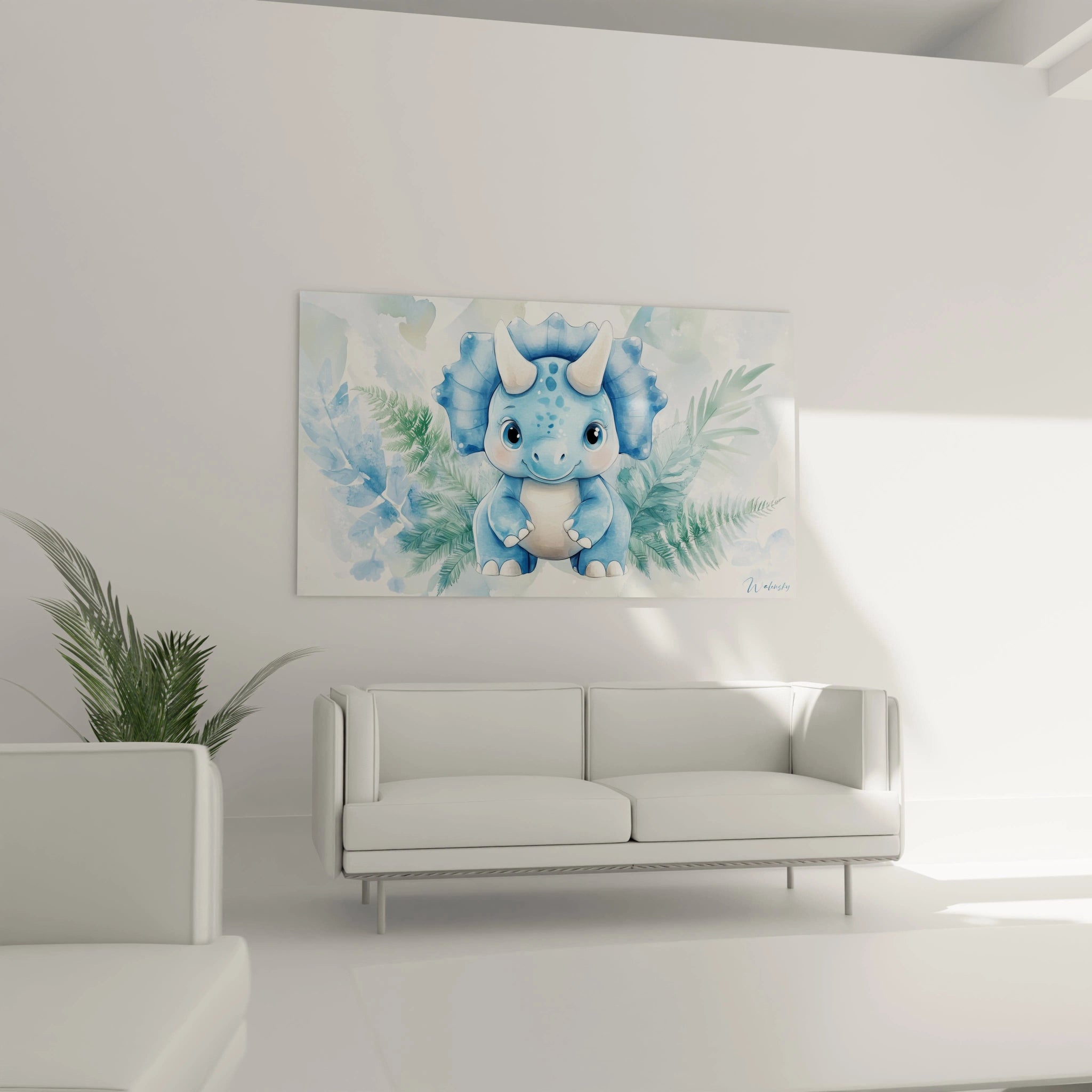 Un tableau dinosaure pour enfant mettant en scÚne un dinosaure bleu assis, aux contours lisses, avec des touches de beige et de vert, dans un décor végétal diffus et lumineux.