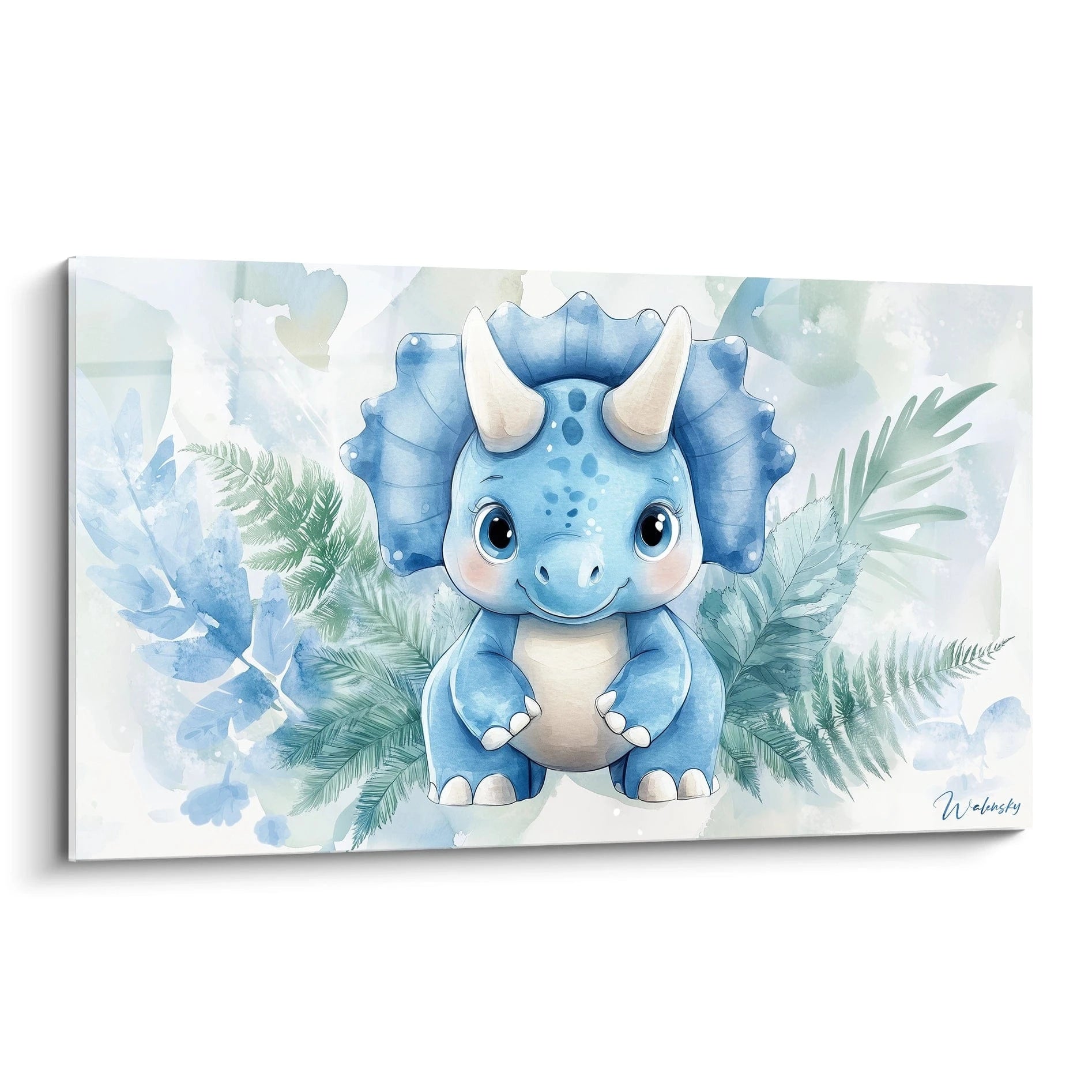 Un tableau dinosaure pour enfant représentant un dinosaure bleu aux traits arrondis, entouré de feuillages verts, sur un fond texturé aux nuances de beige et de blanc.