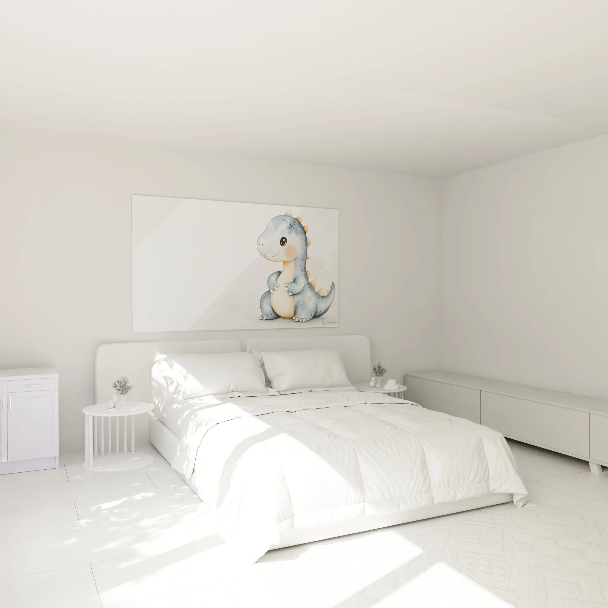 Un tableau dinosaure pour enfant figurant un dinosaure souriant aux tons bleu-gris et beige, avec une sĂ©rie dâĂ©cailles orange sur le dos, appliquĂ© dans un style aquarellĂ© avec des dĂ©gradĂ©s subtils.